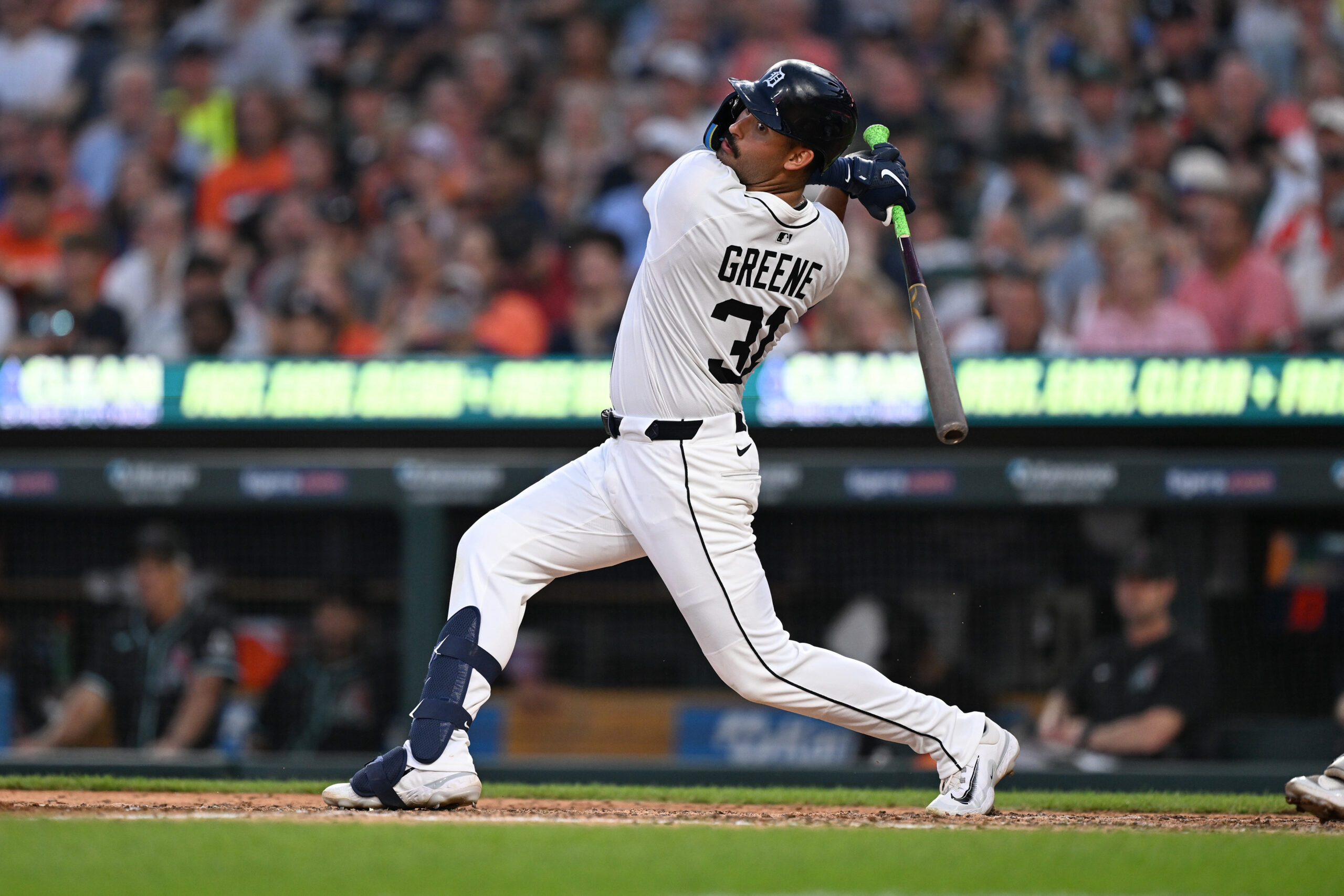Jul 29, 2025; Detroit, Michigan, USA;  Detroit Tigers left fielder Riley Greene (31) hits an RBI double against the Arizona Diamondbacks in the sixth inning at Comerica Park. Mandatory Credit: Lon Horwedel-Imagn Images