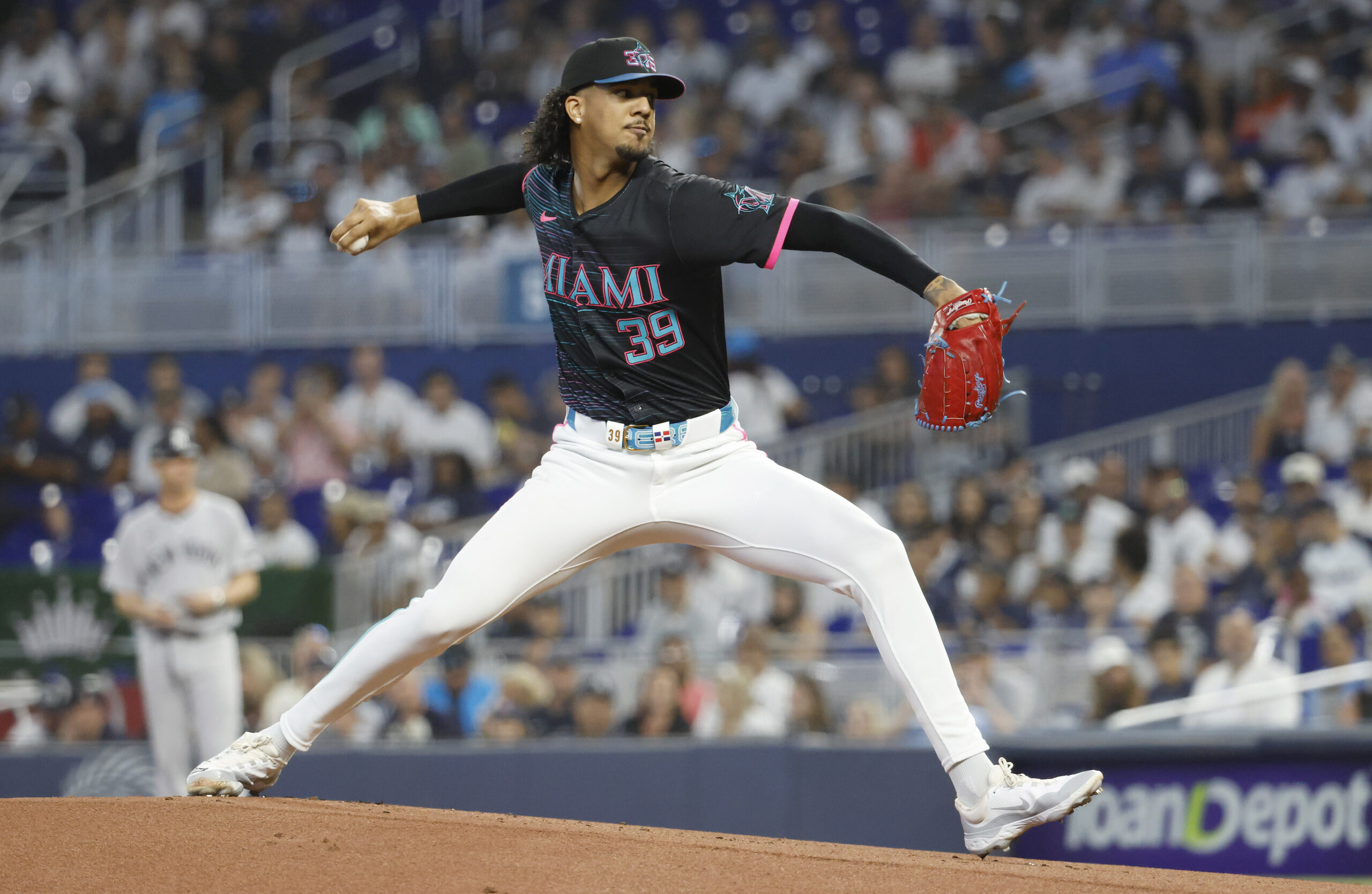 Aug 2, 2025; Miami, Florida, USA;  Miami Marlins starting pitcher Eury Perez (39) pitches against the New York Yankees during the first inning at loanDepot Park. Mandatory Credit: Rhona Wise-Imagn Images