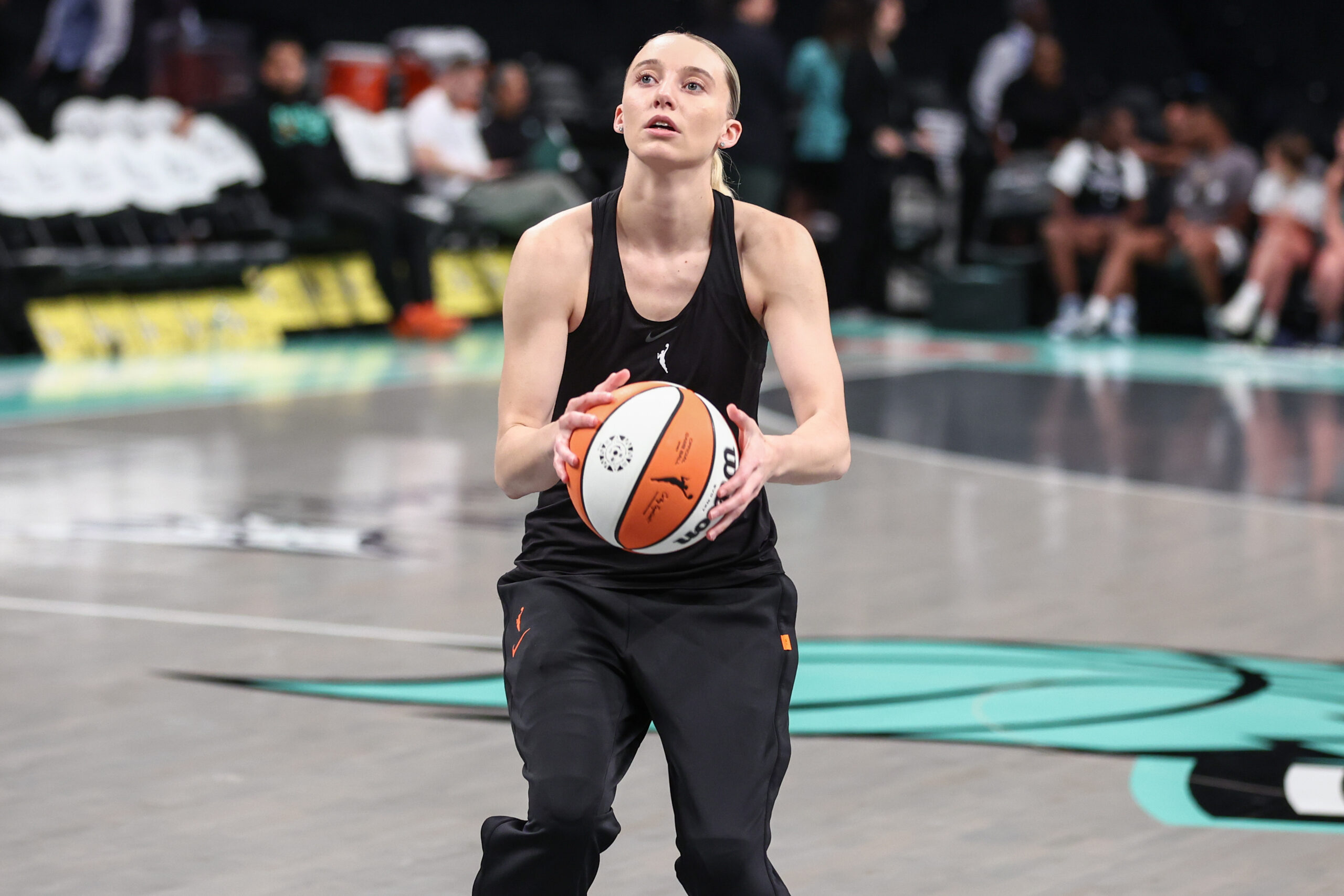 Aug 5, 2025; Brooklyn, New York, USA;  Dallas Wings guard Paige Bueckers (5) warms up prior to the game against the New York Liberty at Barclays Center. Mandatory Credit: Wendell Cruz-Imagn Images