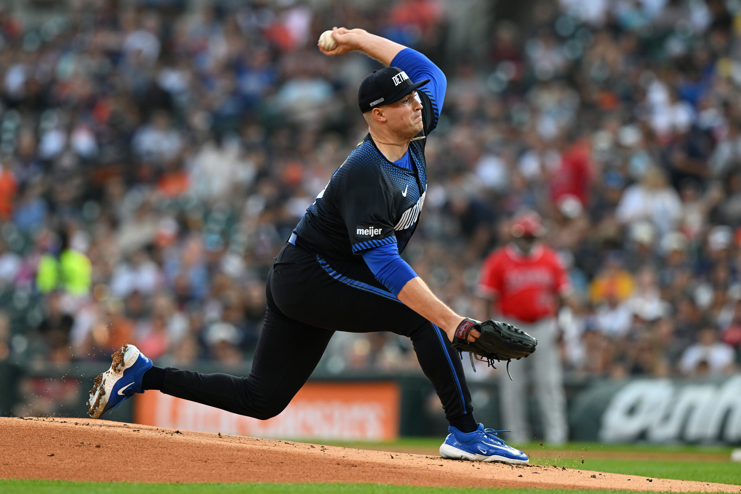 Aug 8, 2025; Detroit, Michigan, USA;  Detroit Tigers starting pitcher Tarik Skubal (29) throws a pitch against the Los Angeles Angels in the first inning at Comerica Park. Mandatory Credit: Lon Horwedel-Imagn Images