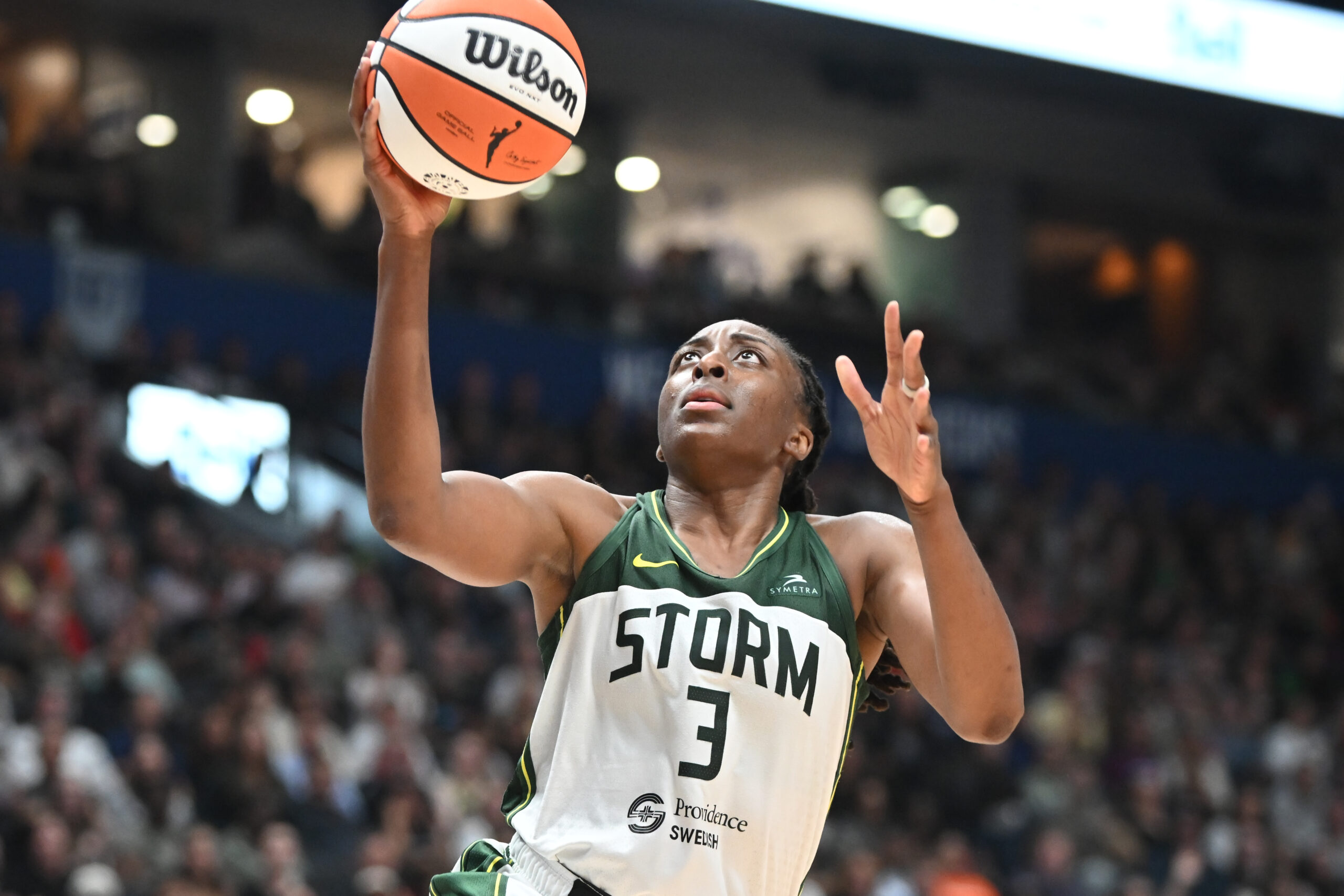Aug 15, 2025; Vancouver, British Columbia, CAN;  Seattle Storm forward Nneka Ogwumike (3) drives to the basket  against the Atlanta Dream during the second half at Rogers Arena. Mandatory Credit: Anne-Marie Sorvin-Imagn Images