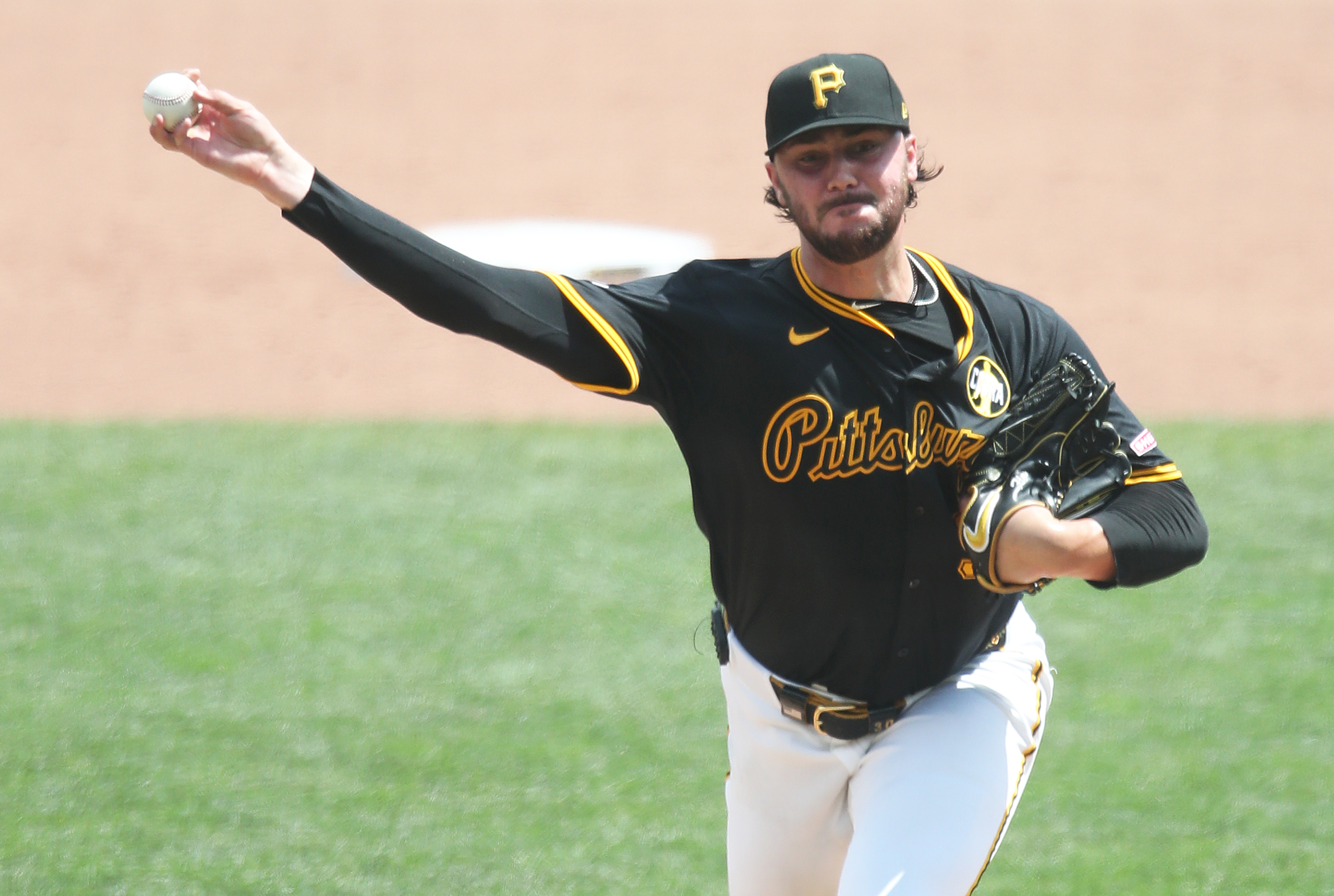 Aug 24, 2025; Pittsburgh, Pennsylvania, USA;  Pittsburgh Pirates starting pitcher Paul Skenes (30) pitches against the Colorado Rockies during the sixth inning at PNC Park. Mandatory Credit: Charles LeClaire-Imagn Images