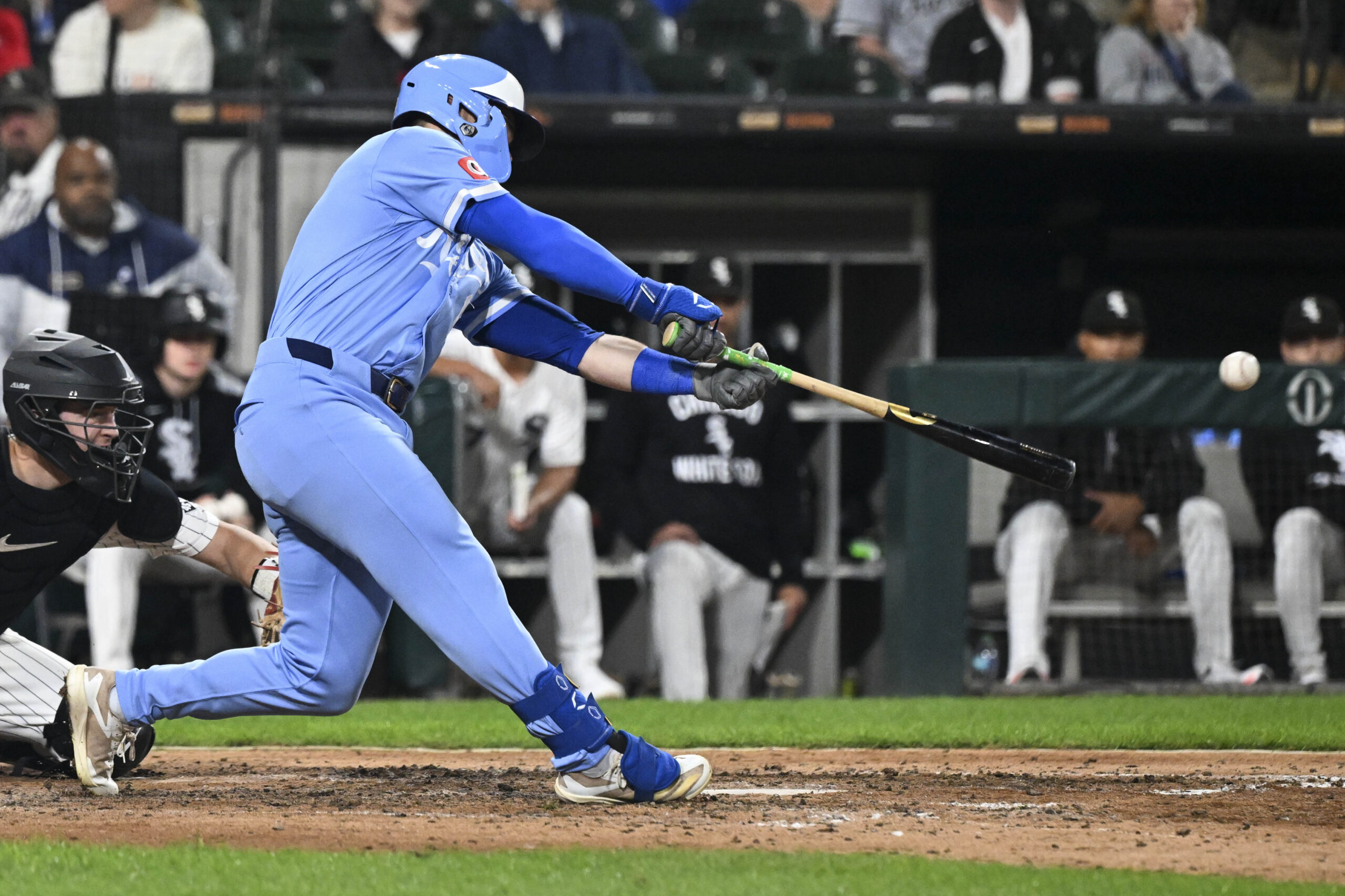 Aug 26, 2025; Chicago, Illinois, USA; Kansas City Royals second baseman Michael Massey (19) hits a two RBI single during the ninth inning against the Chicago White Sox at Rate Field. Mandatory Credit: Matt Marton-Imagn Images