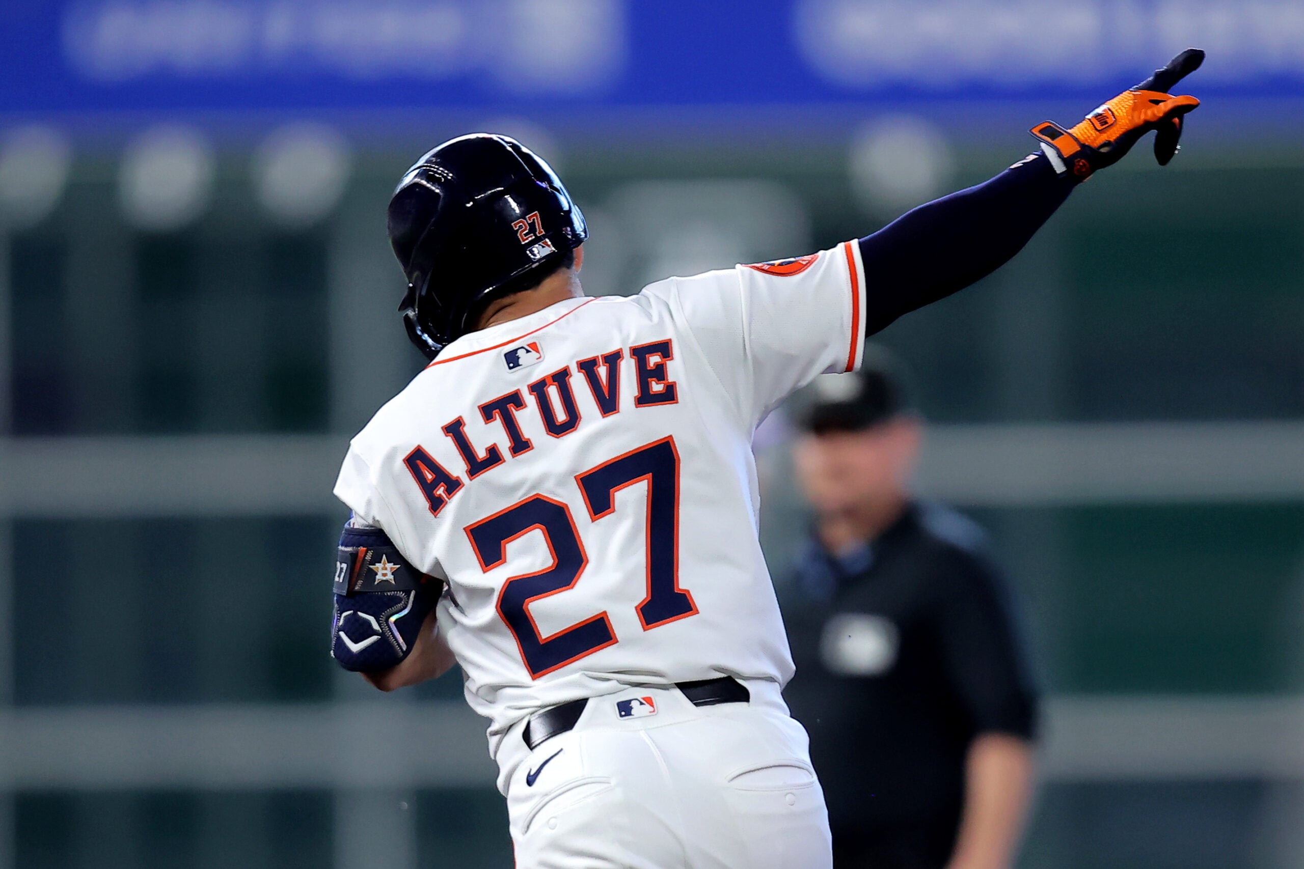 Aug 28, 2025; Houston, Texas, USA; Houston Astros designated hitter Jose Altuve (27) rounds the bases after hitting a solo home run against the Colorado Rockies during the first inning at Daikin Park. Mandatory Credit: Erik Williams-Imagn Images