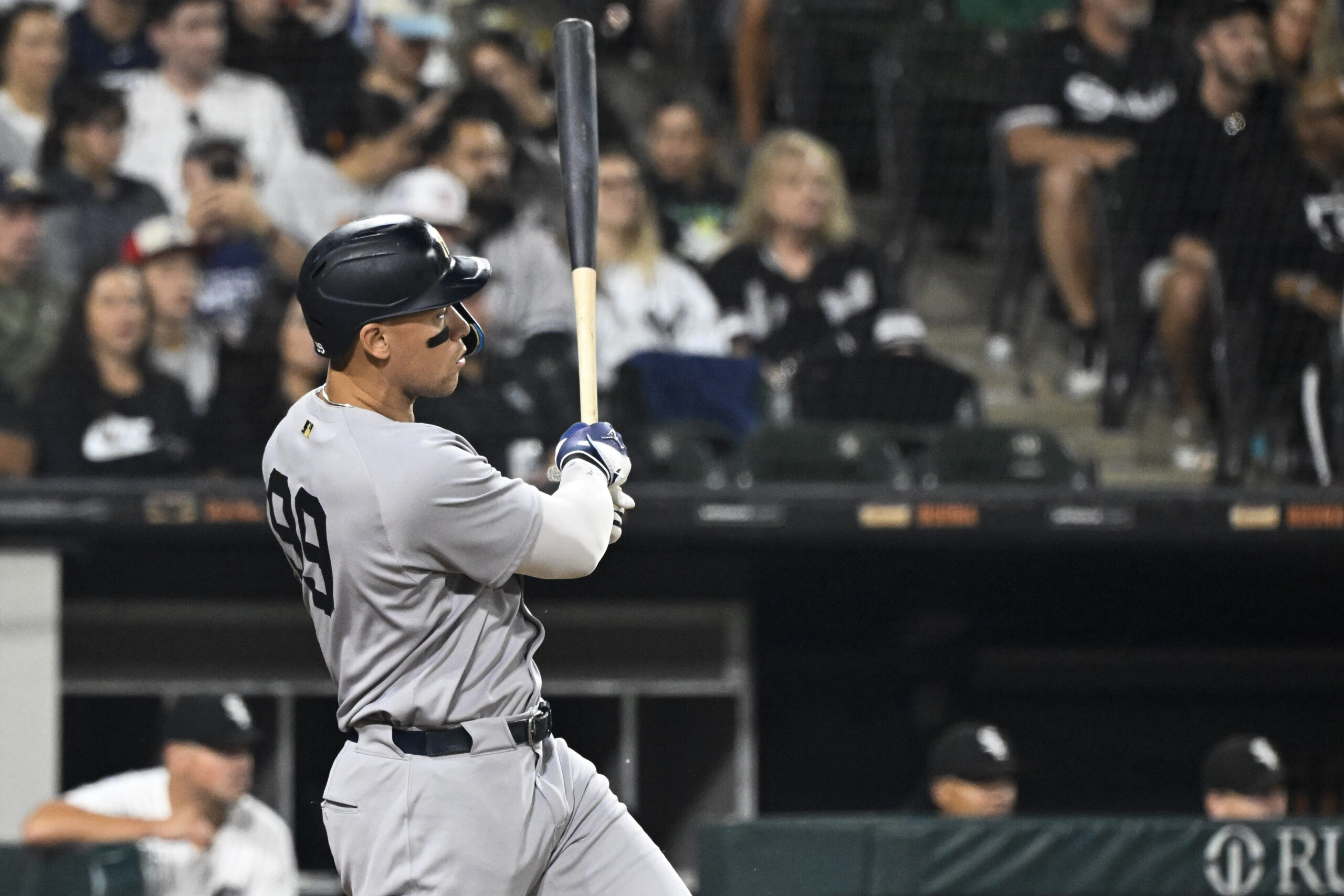 Aug 28, 2025; Chicago, Illinois, USA;  New York Yankees outfielder Aaron Judge (99) singles against the Chicago White Sox during the fifth inning at Rate Field. Mandatory Credit: Matt Marton-Imagn Images