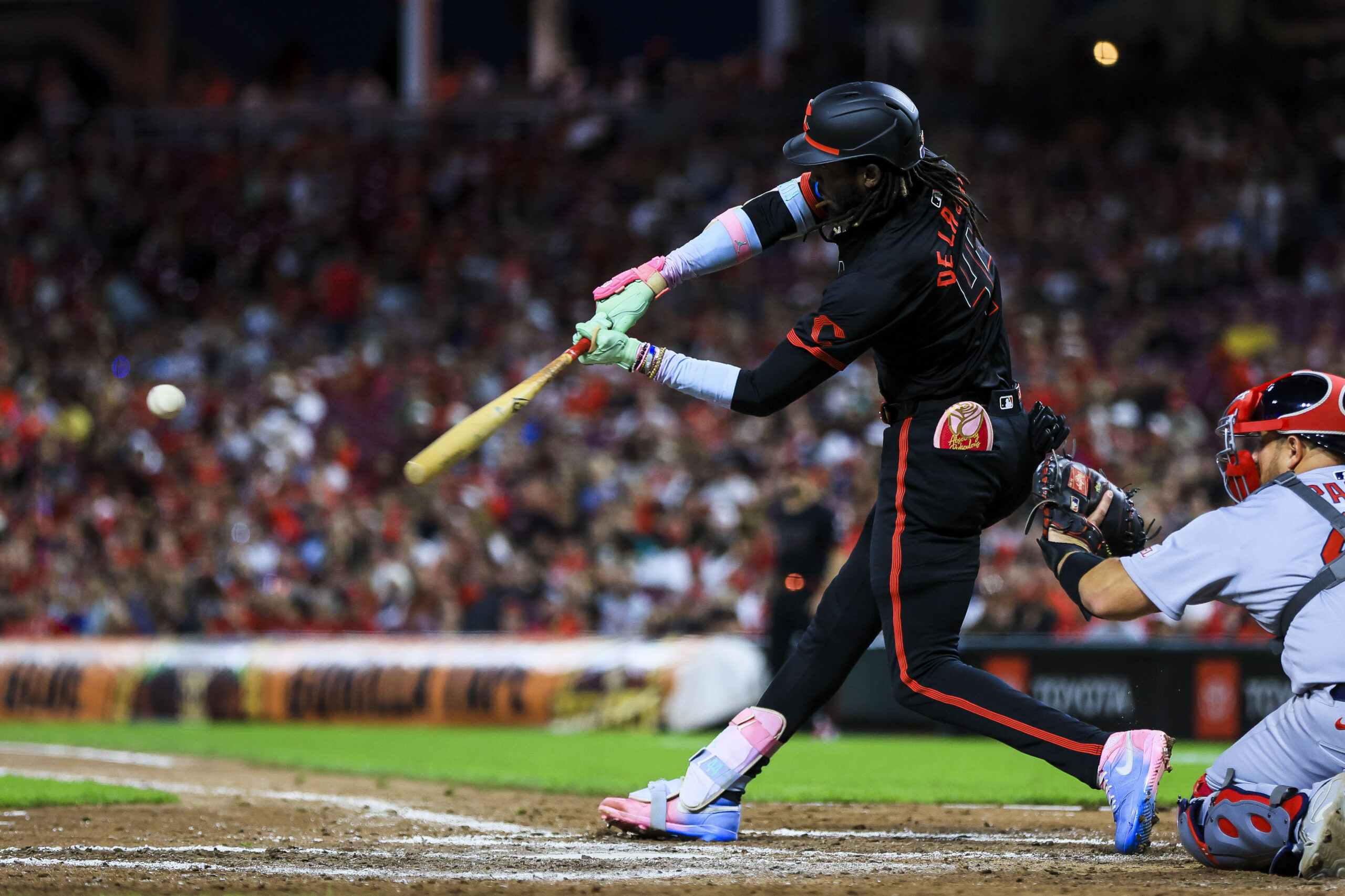 Aug 29, 2025; Cincinnati, Ohio, USA; Cincinnati Reds shortstop Elly De La Cruz (44) hits a triple in the seventh inning against the St. Louis Cardinals at Great American Ball Park. Mandatory Credit: Katie Stratman-Imagn Images