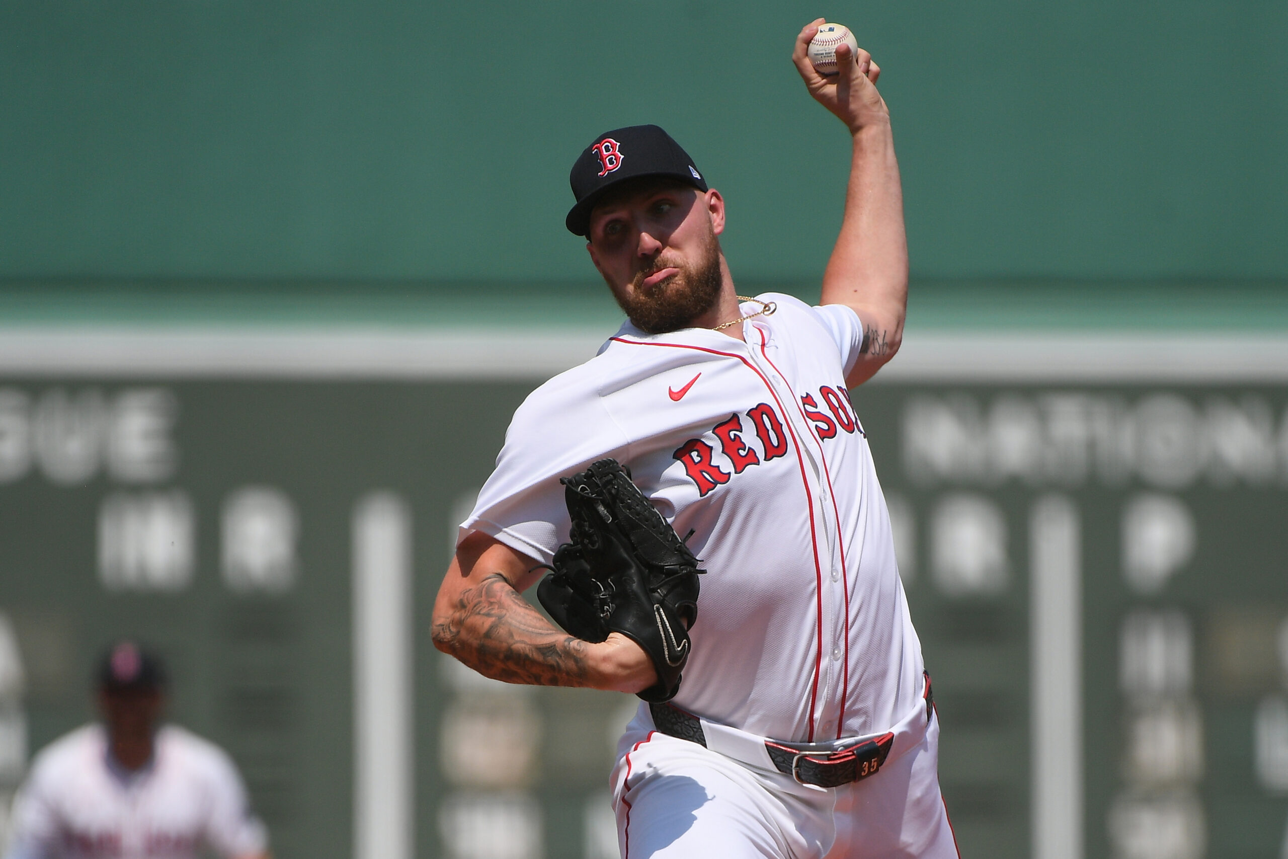 Aug 17, 2025; Boston, Massachusetts, USA; Boston Red Sox starting pitcher Garrett Crochet (35) pitches during the first inning against the Miami Marlins at Fenway Park. Mandatory Credit: Bob DeChiara-Imagn Images