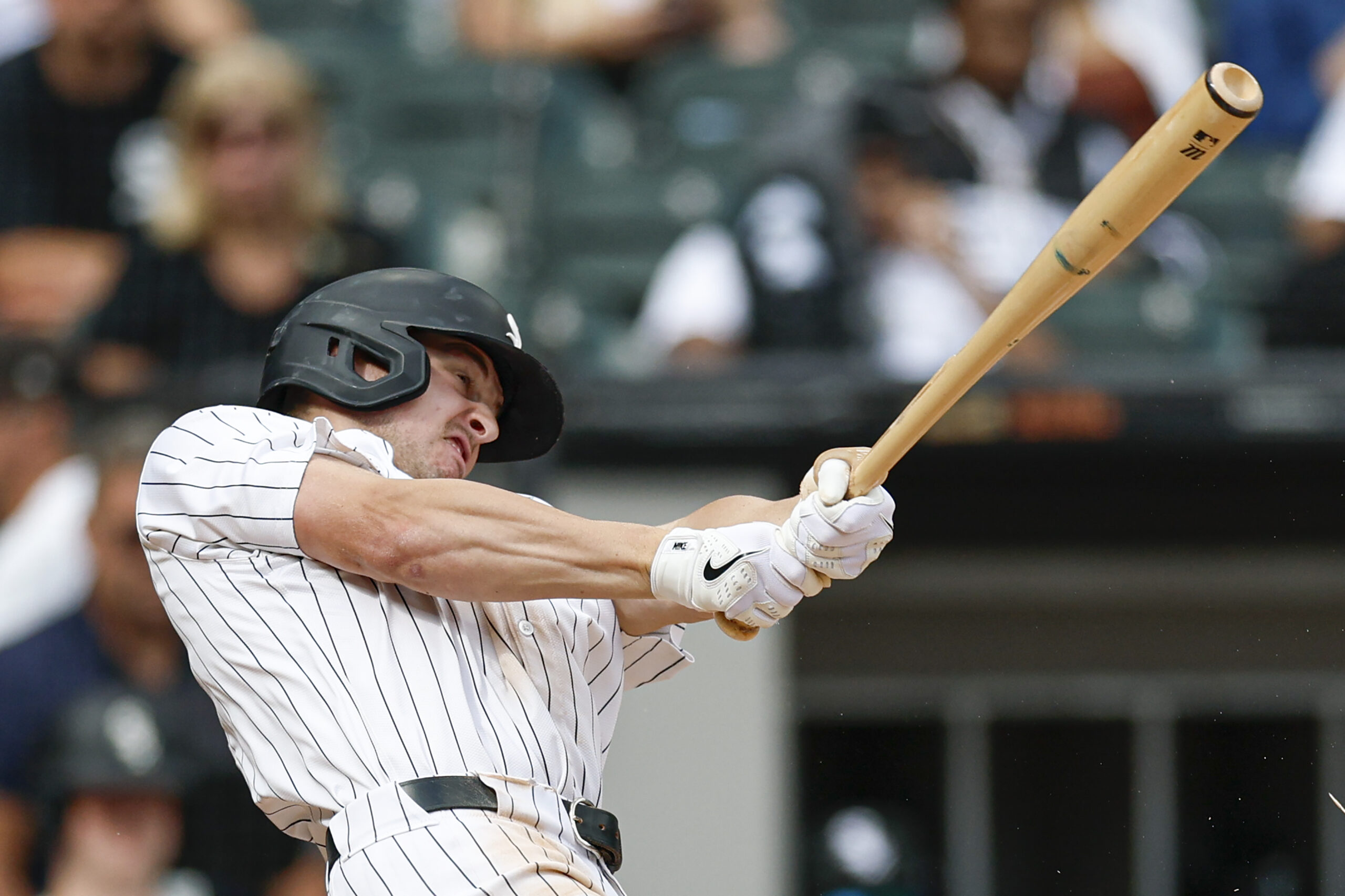 Aug 24, 2025; Chicago, Illinois, USA; Chicago White Sox shortstop Colson Montgomery (12) bats against the Minnesota Twins during the seventh inning at Rate Field. Mandatory Credit: Kamil Krzaczynski-Imagn Images