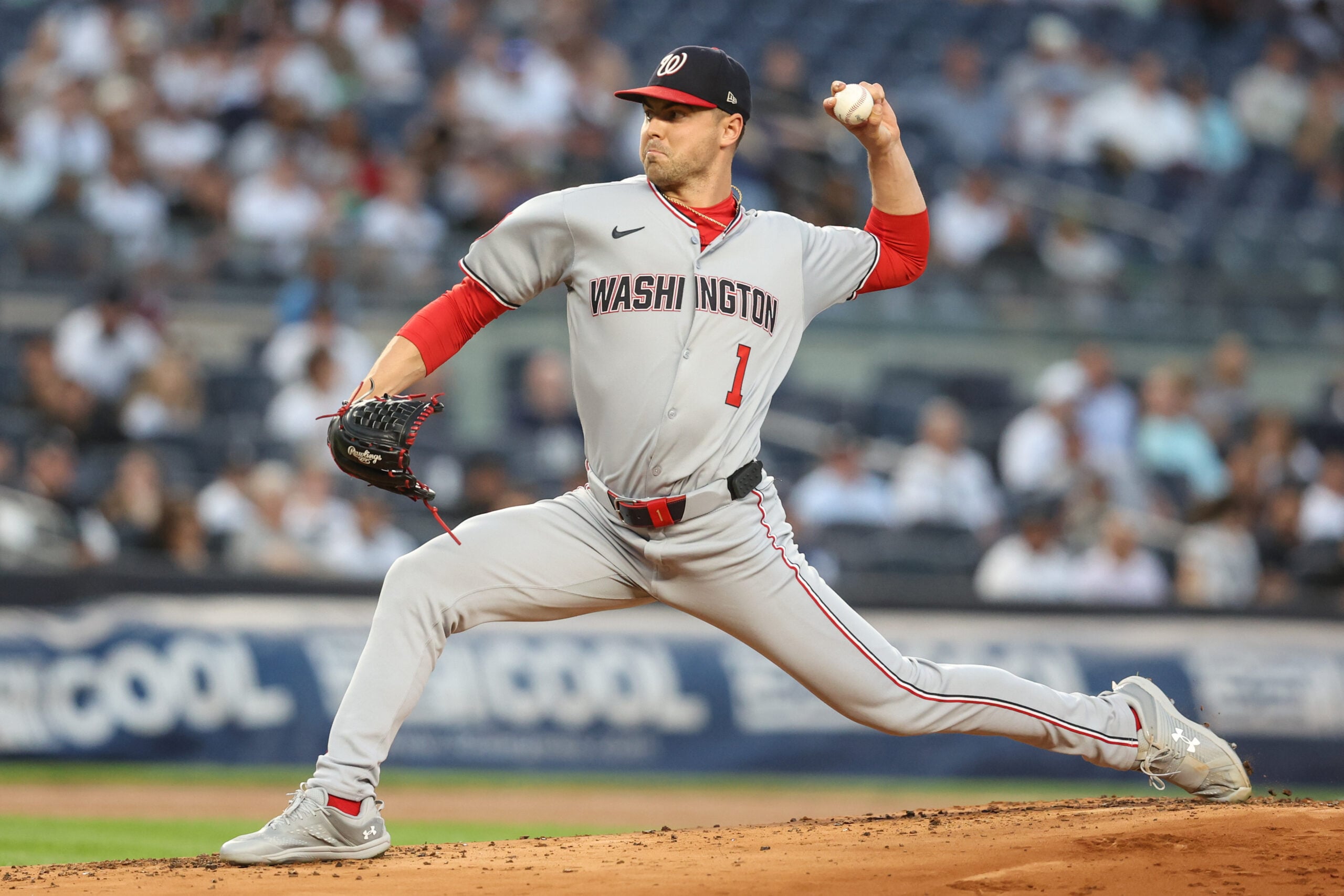 Aug 26, 2025; Bronx, New York, USA; Washington Nationals starting pitcher MacKenzie Gore (1) pitches in the first inning against the New York Yankees at Yankee Stadium. Mandatory Credit: Wendell Cruz-Imagn Images