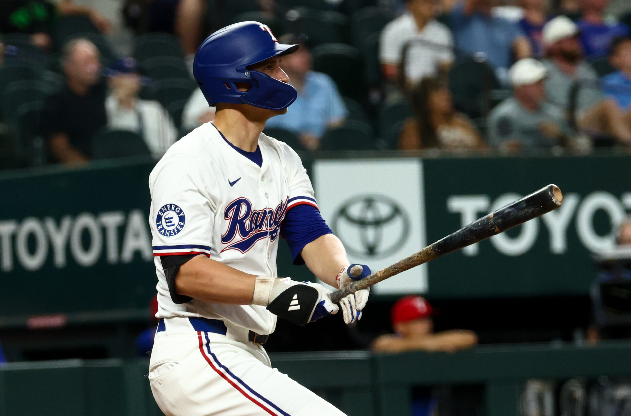 Aug 27, 2025; Arlington, Texas, USA;  Texas Rangers shortstop Corey Seager (5) hits a two-run home run during the fourth inning against the Los Angeles Angels at Globe Life Field. Mandatory Credit: Kevin Jairaj-Imagn Images