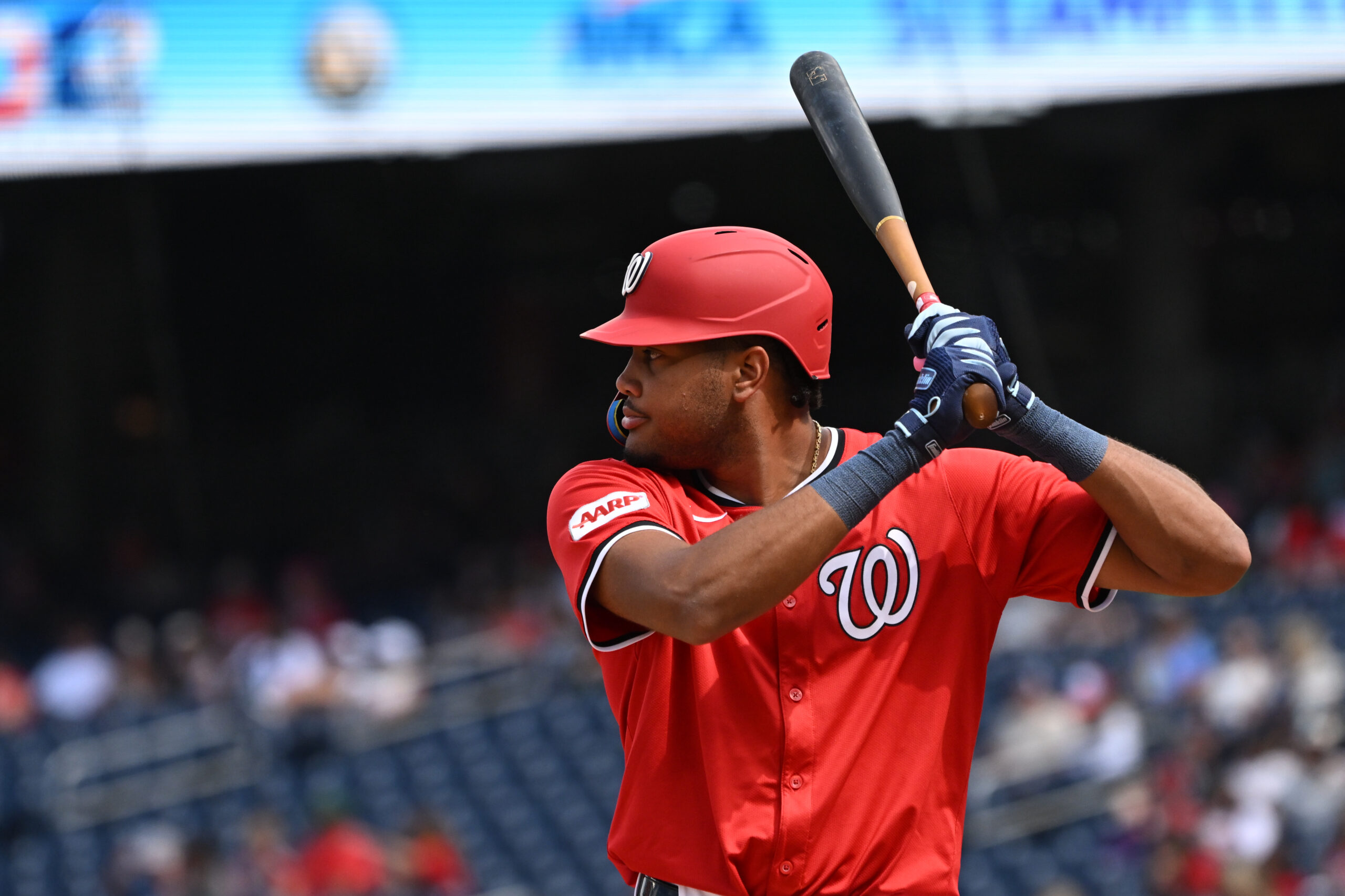 Aug 31, 2025; Washington, District of Columbia, USA;  Washington Nationals left fielder James Wood (29) prepares to bat against the Tampa Bay Rays during the fifth inning at Nationals Park. Mandatory Credit: Rafael Suanes-Imagn Images