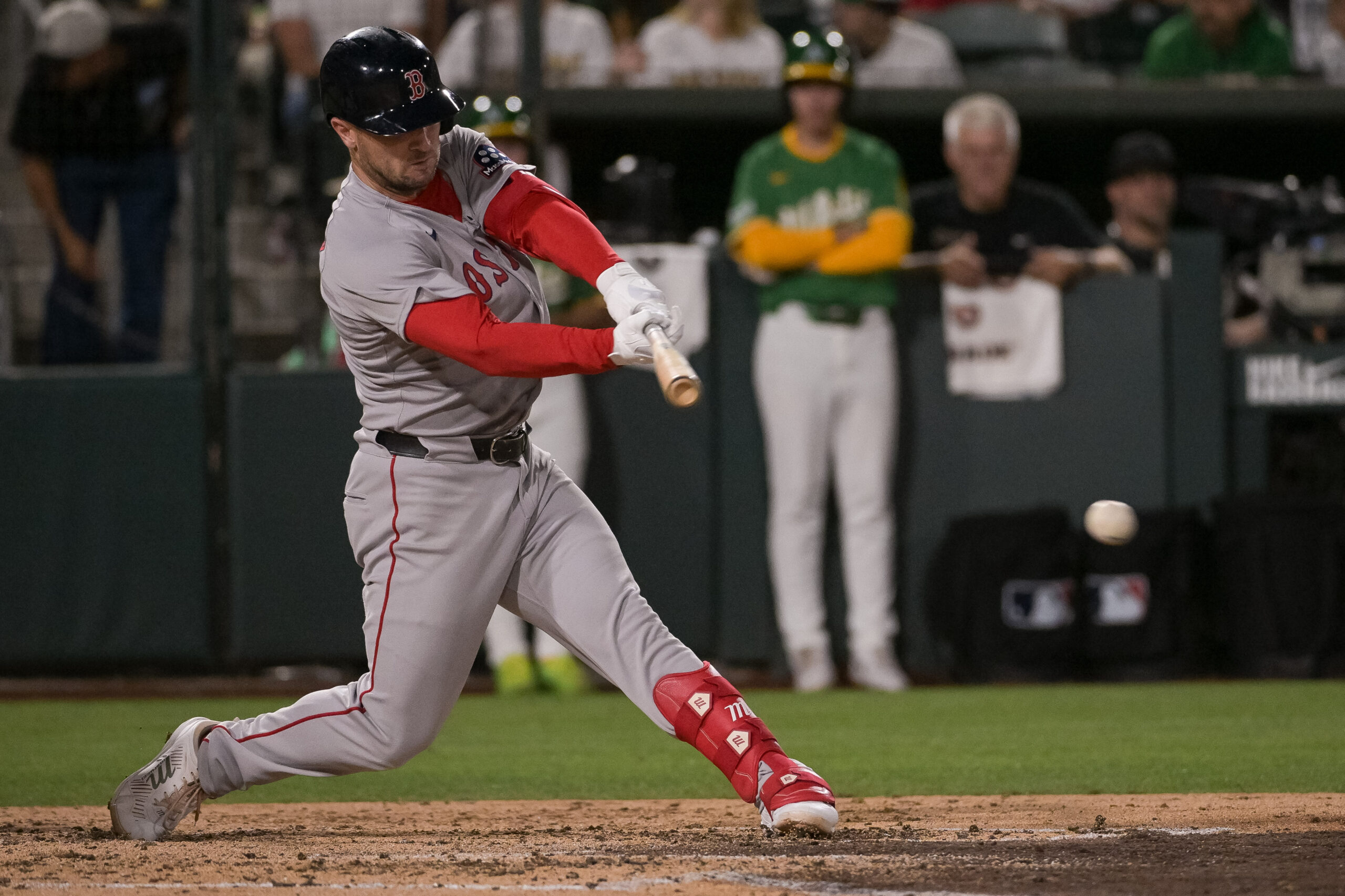 Sep 8, 2025; West Sacramento, California, USA; Boston Red Sox third baseman Alex Bregman (2) hits an rbi single against the Athletics during the fifth inning at Sutter Health Park. Mandatory Credit: Ed Szczepanski-Imagn Images