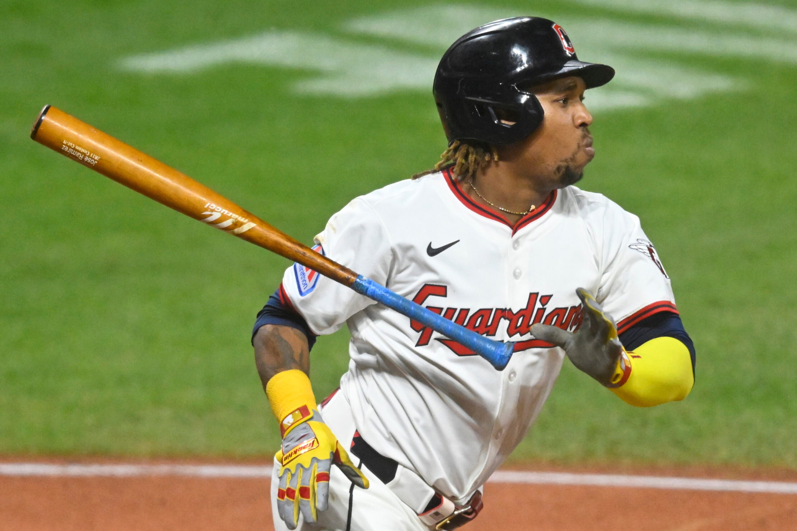 Sep 10, 2025; Cleveland, Ohio, USA; Cleveland Guardians third baseman Jose Ramirez (11) hits a double in the seventh inning against the Kansas City Royals at Progressive Field. Mandatory Credit: David Richard-Imagn Images