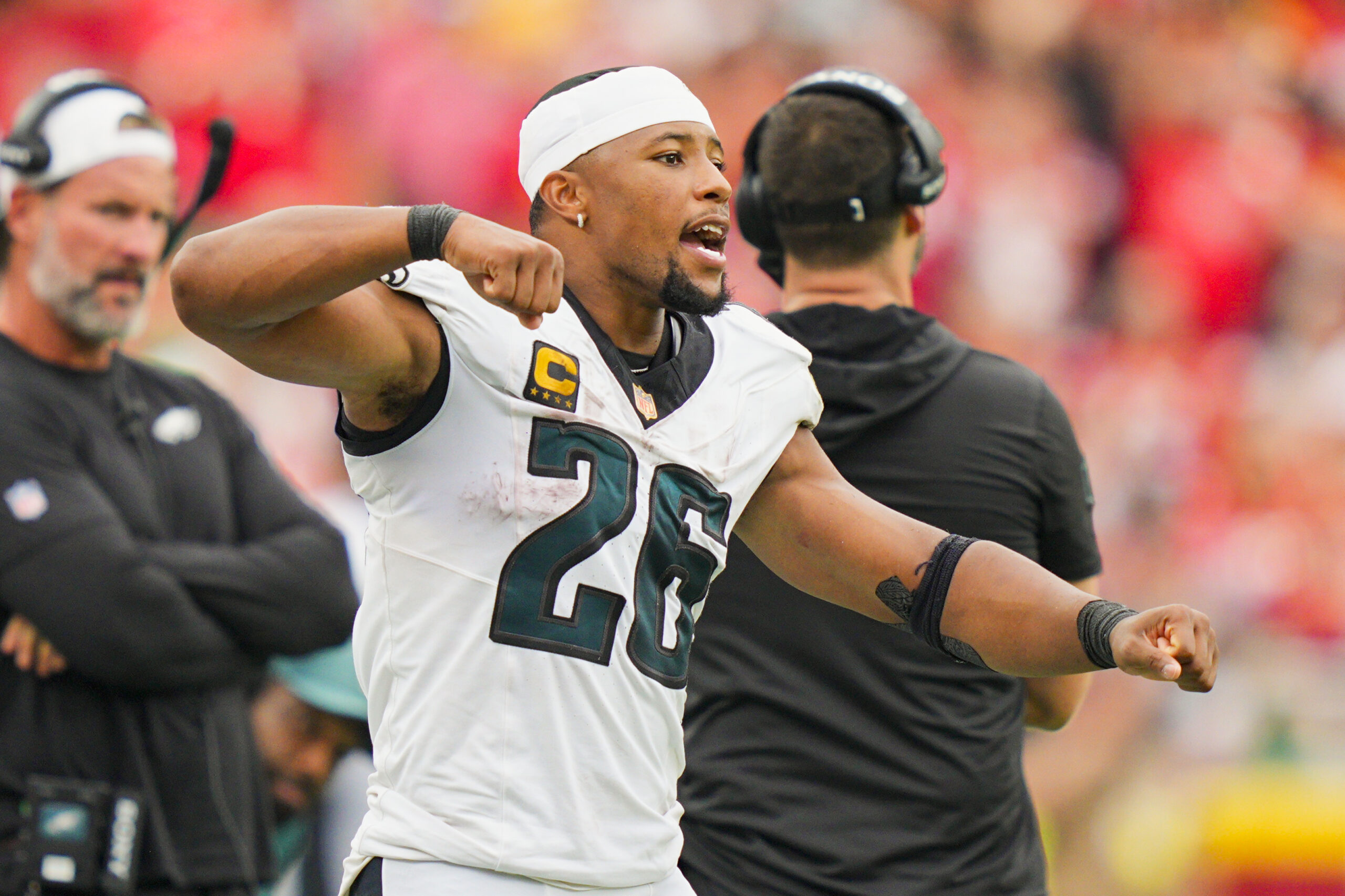 Sep 14, 2025; Kansas City, Missouri, USA; Philadelphia Eagles running back Saquon Barkley (26) reacts during the second half against the Kansas City Chiefs at GEHA Field at Arrowhead Stadium. Mandatory Credit: Jay Biggerstaff-Imagn Images