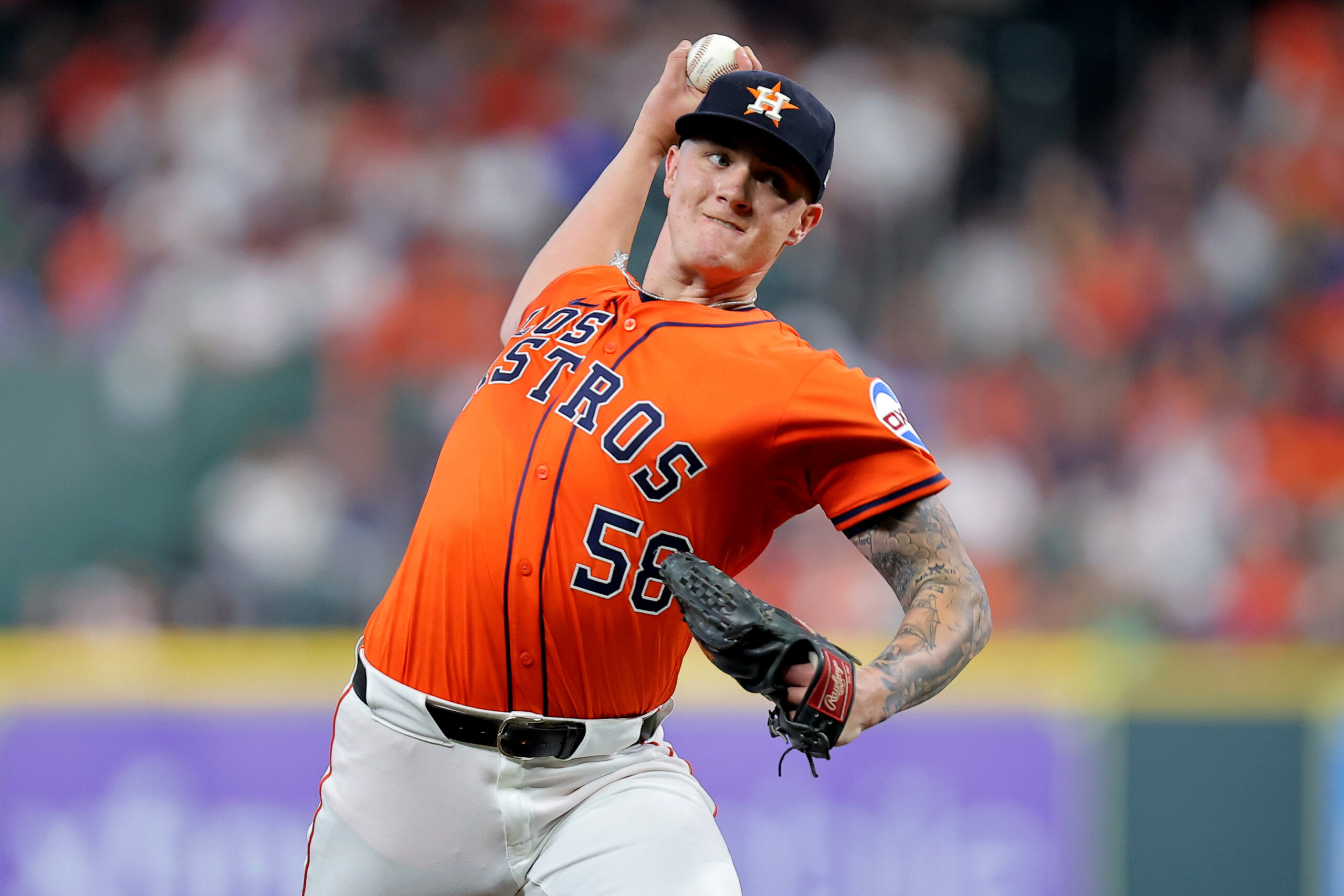 Sep 19, 2025; Houston, Texas, USA; Houston Astros starting pitcher Hunter Brown (58) delivers a pitch against the Seattle Mariners during the first inning at Daikin Park. Mandatory Credit: Erik Williams-Imagn Images