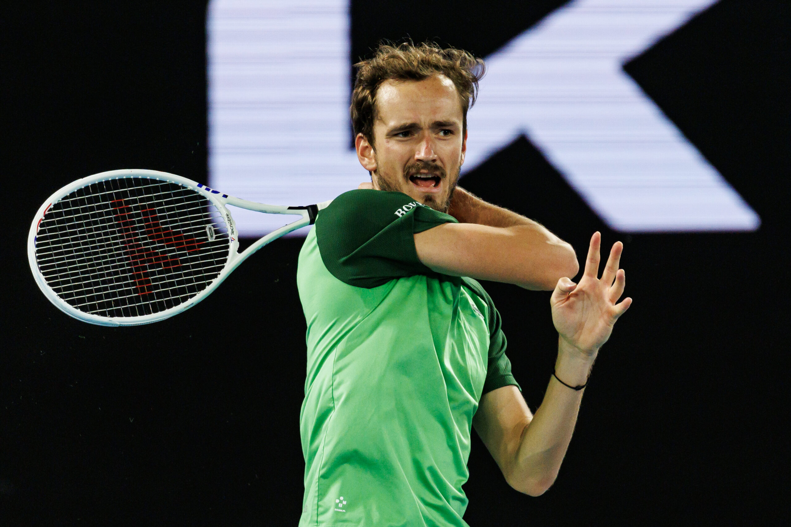 Jan 26, 2024; Melbourne, Victoria, Australia; Daniil Medvedev of Russia in action against Alexander Zverev in the semi-finals of the men s singles at the Australian Open. Mandatory Credit: Mike Frey-Imagn Images