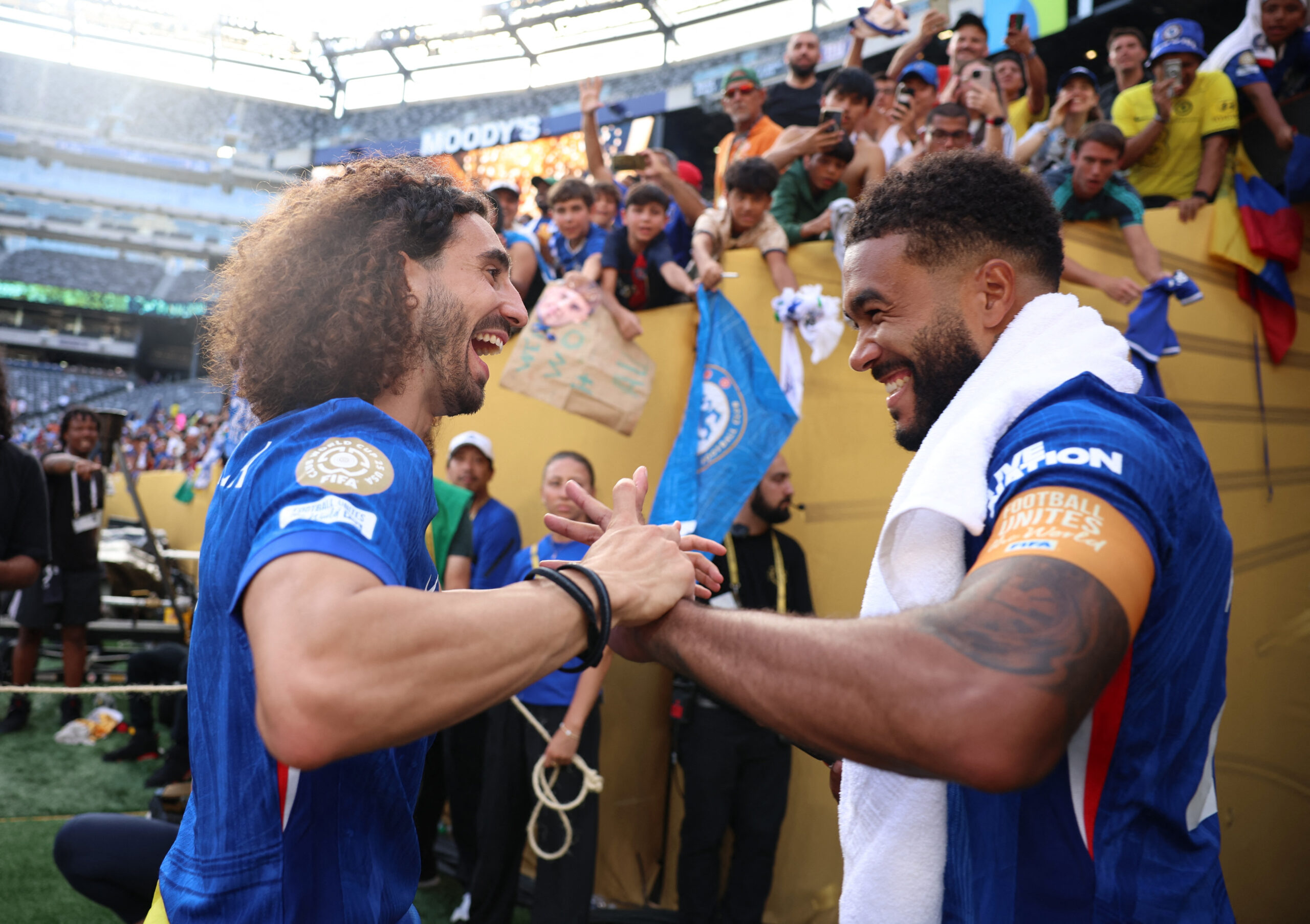 [Subscription Customers Only] Jul 13, 2025; East Rutherford, New Jersey, USA; Chelsea FC defender Reece James (24) and defender Marc Cucurella (3) celebrate after winning the final of the 2025 FIFA Club World Cup at MetLife Stadium. Mandatory Credit: Lee Smith-Reuters via Imagn Images