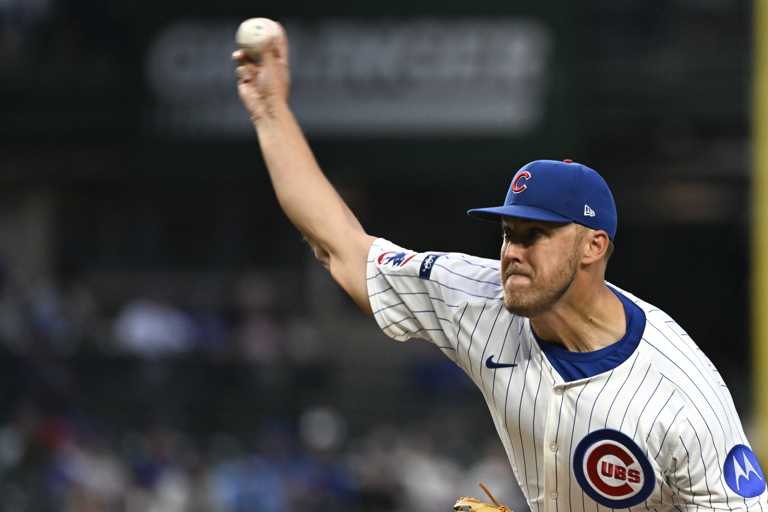 Aug 19, 2025; Chicago, Illinois, USA;  Chicago Cubs pitcher Jameson Taillon (50) delivers during the first inning against the Milwaukee Brewers at Wrigley Field. Mandatory Credit: Matt Marton-Imagn Images