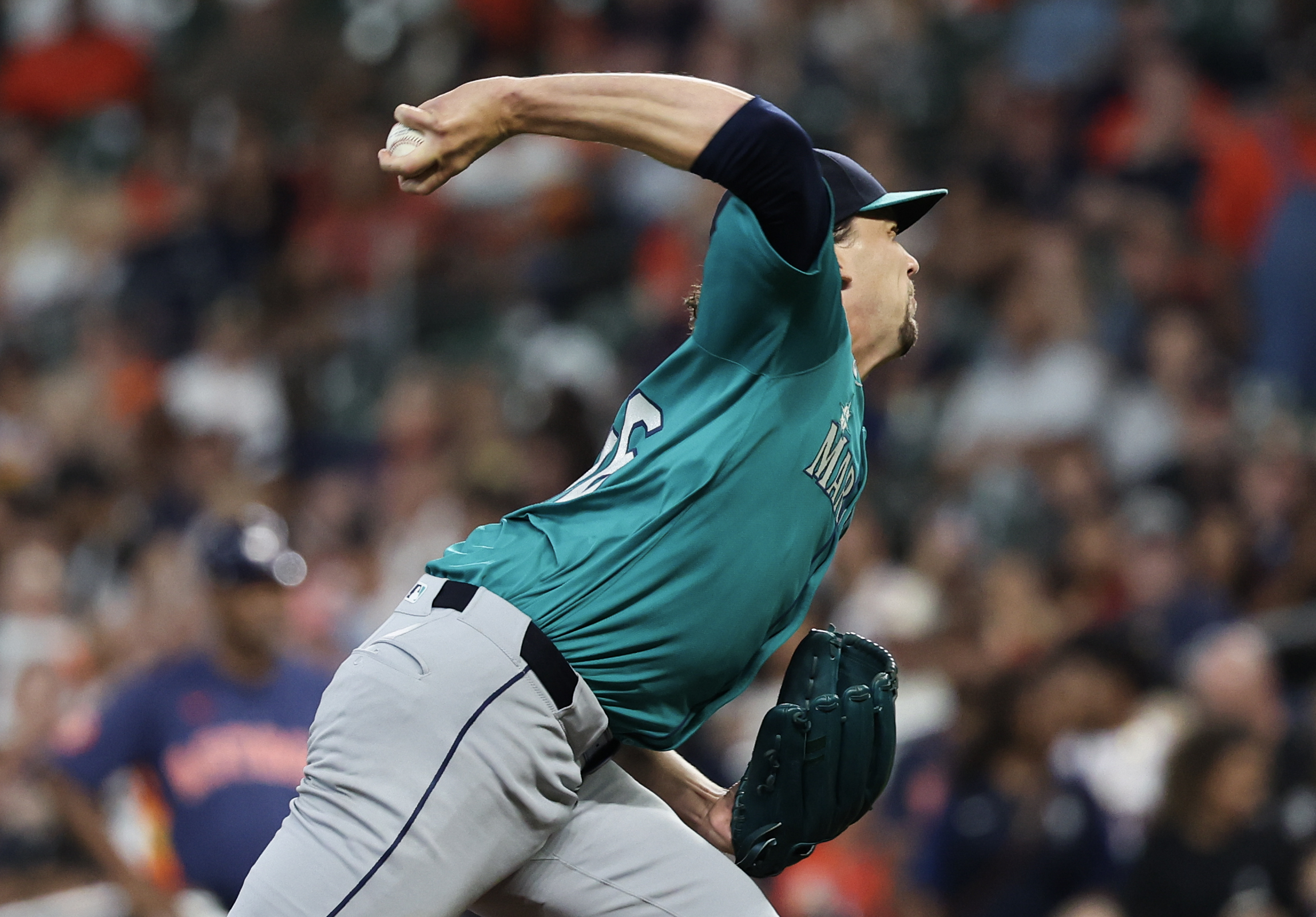 Sep 21, 2025; Houston, Texas, USA; Seattle Mariners starting pitcher Logan Gilbert (36) pitches against the Houston Astros in the first inning at Daikin Park. Mandatory Credit: Thomas Shea-Imagn Images