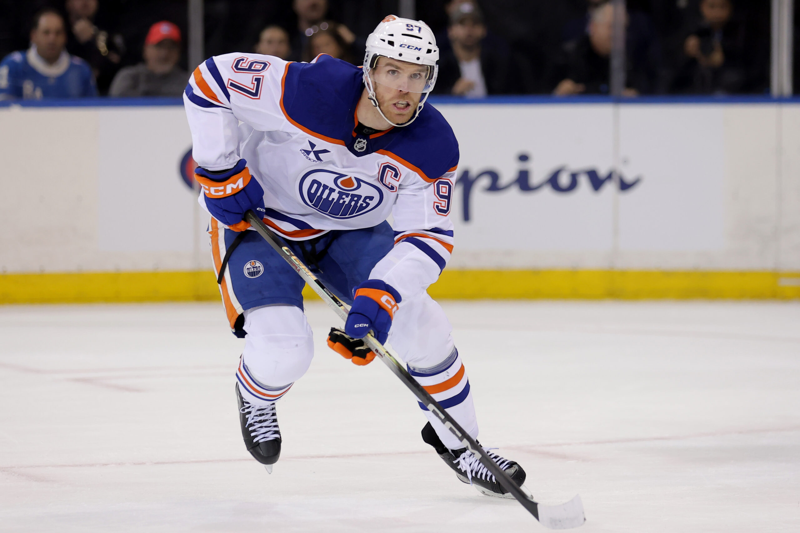 Oct 14, 2025; New York, New York, USA; Edmonton Oilers center Connor McDavid (97) skates against the New York Rangers during the first period at Madison Square Garden. Mandatory Credit: Brad Penner-Imagn Images