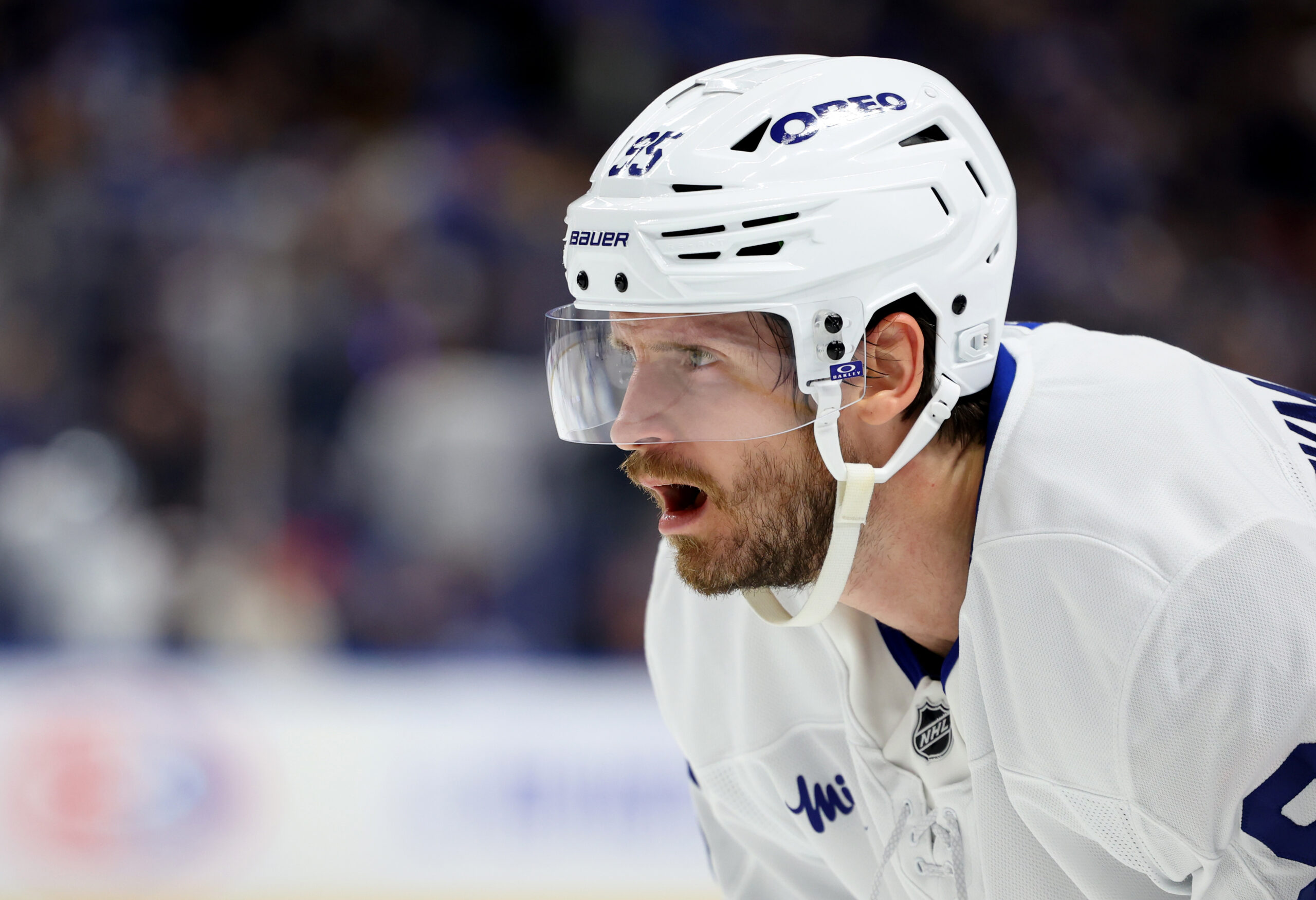 Oct 24, 2025; Buffalo, New York, USA;  Toronto Maple Leafs defenseman Oliver Ekman-Larsson (95) waits for the face-off during the third period against the Buffalo Sabres at KeyBank Center. Mandatory Credit: Timothy T. Ludwig-Imagn Images