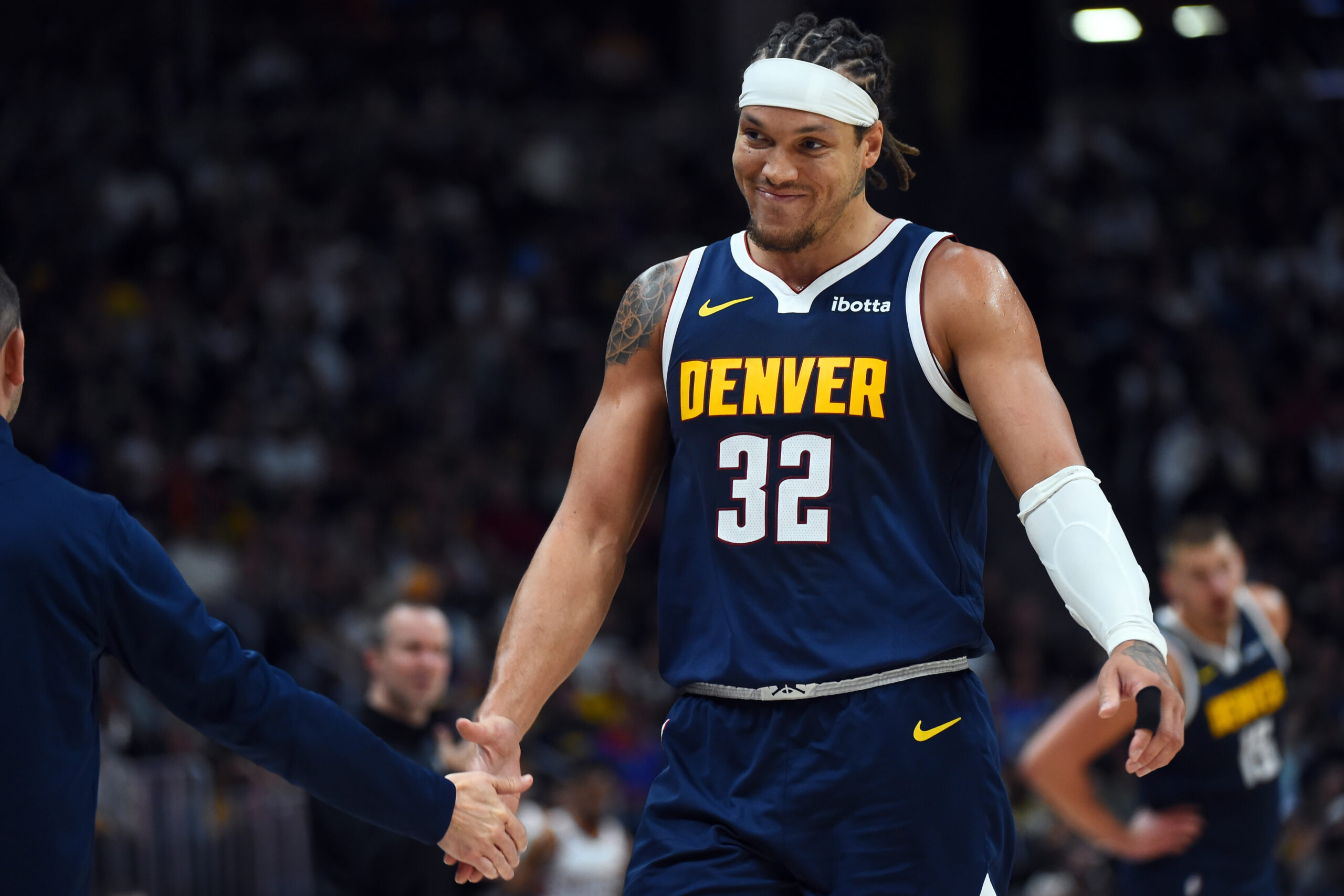 Oct 25, 2025; Denver, Colorado, USA; Denver Nuggets forward Aaron Gordon (32) leaves the floor during the second half against the Phoenix Suns at Ball Arena. Mandatory Credit: Christopher Hanewinckel-Imagn Images