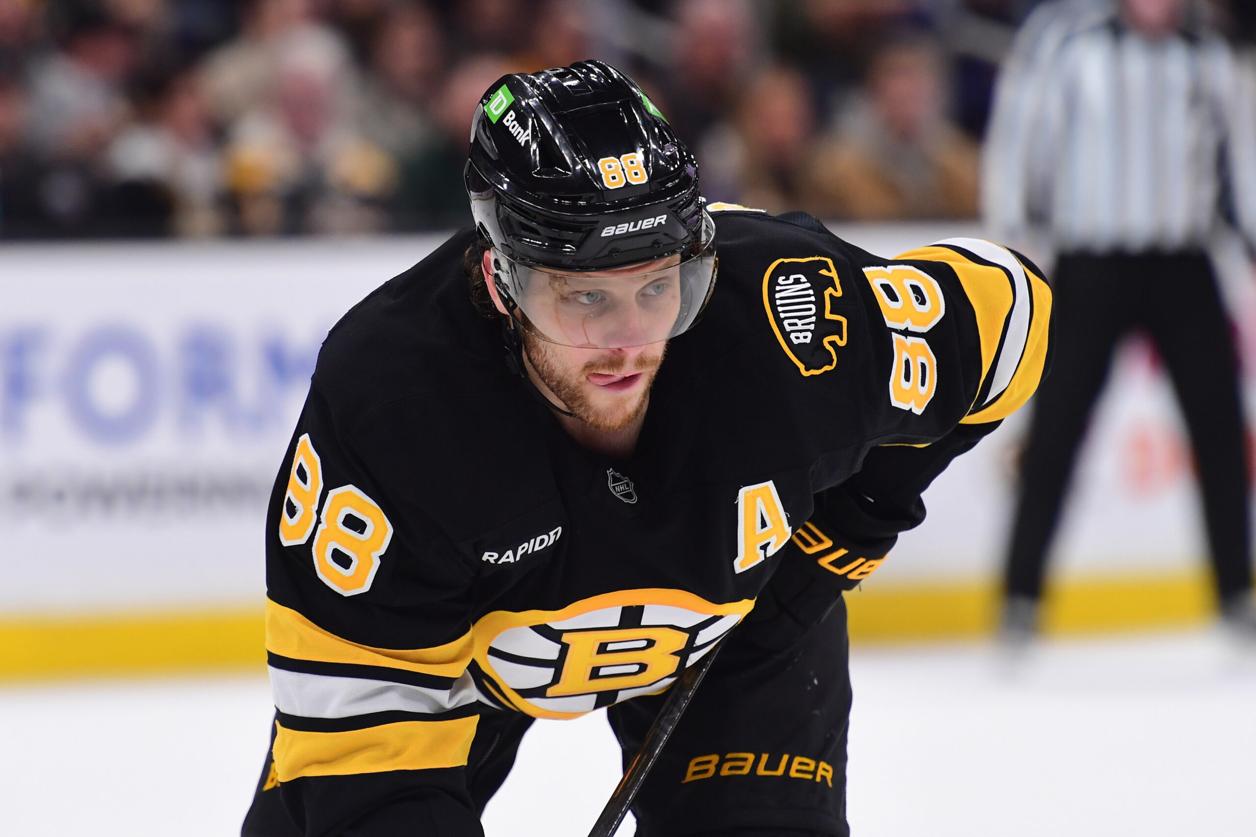 Oct 30, 2025; Boston, Massachusetts, USA; Boston Bruins right wing David Pastrnak (88) gets set for a face-off during the third period against the Buffalo Sabres at TD Garden. Mandatory Credit: Bob DeChiara-Imagn Images