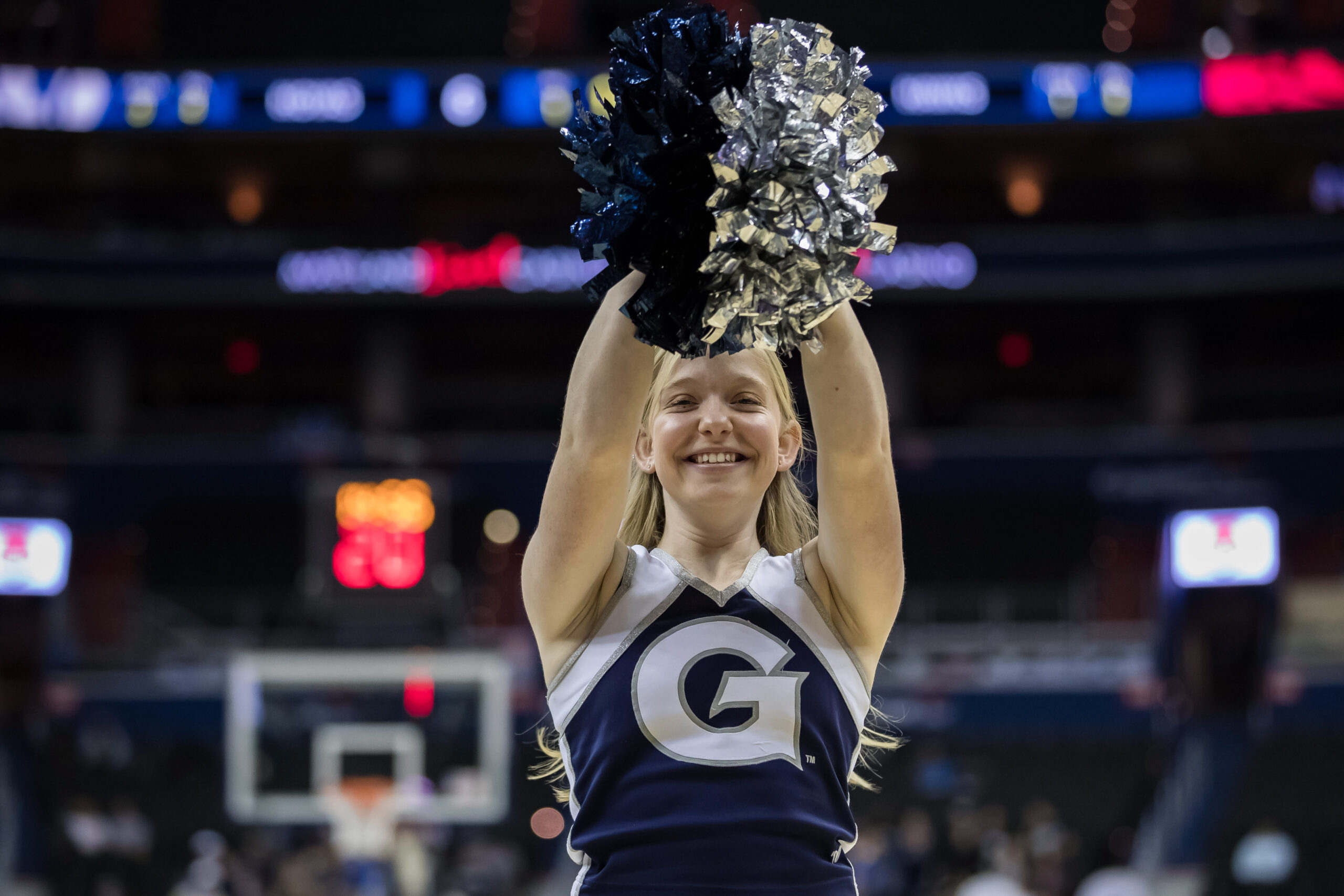 Nov 6, 2018; Washington, DC, USA; Georgetown Hoyas cheerleader performs during the first half at Capital One Arena. Mandatory Credit: Scott Taetsch-Imagn Images
