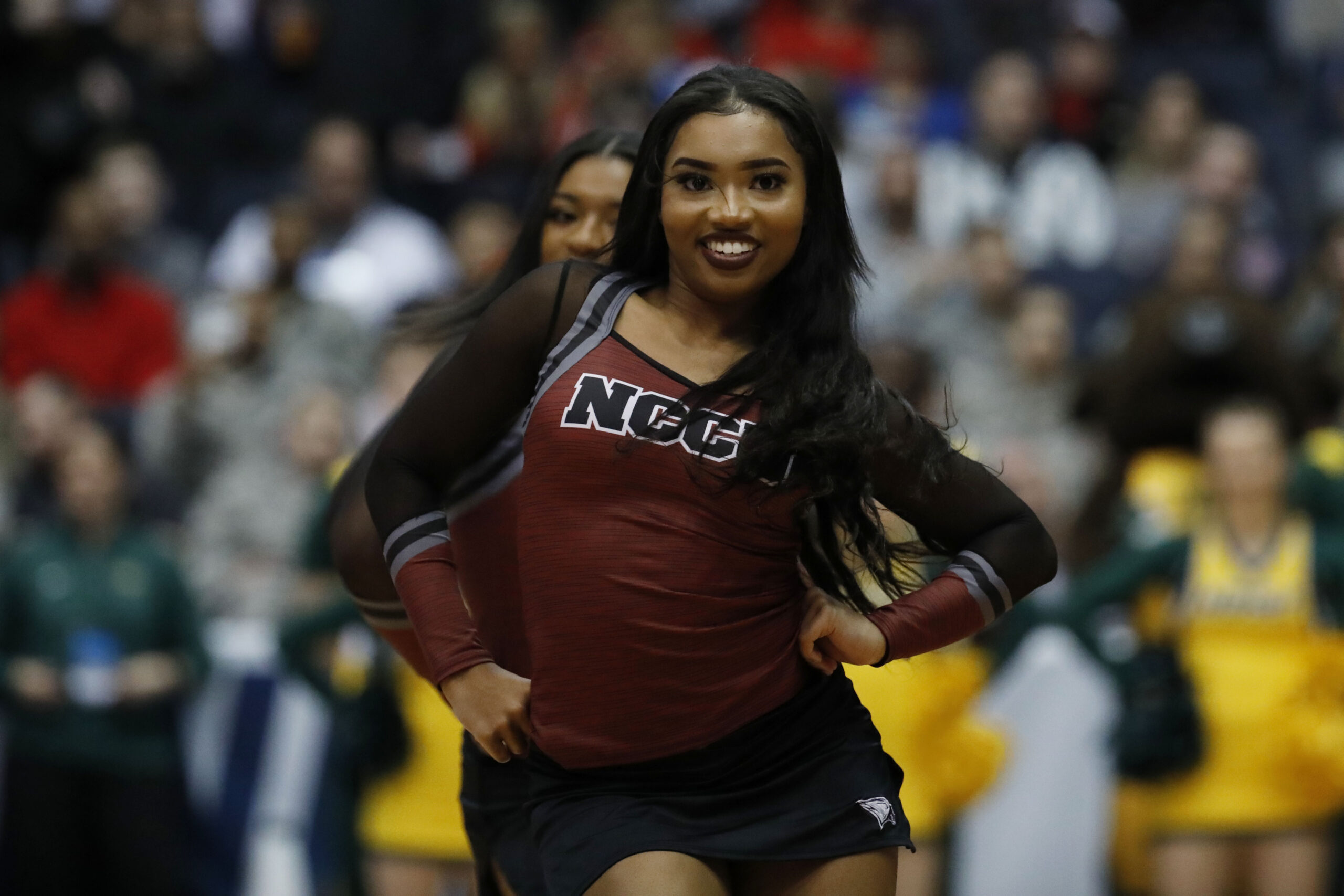Mar 20, 2019; Dayton, OH, USA; North Carolina Central Eagles cheerleader in the second half against the North Dakota State Bison  in the First Four of the 2019 NCAA Tournament at Dayton Arena. Mandatory Credit: Rick Osentoski-Imagn Images