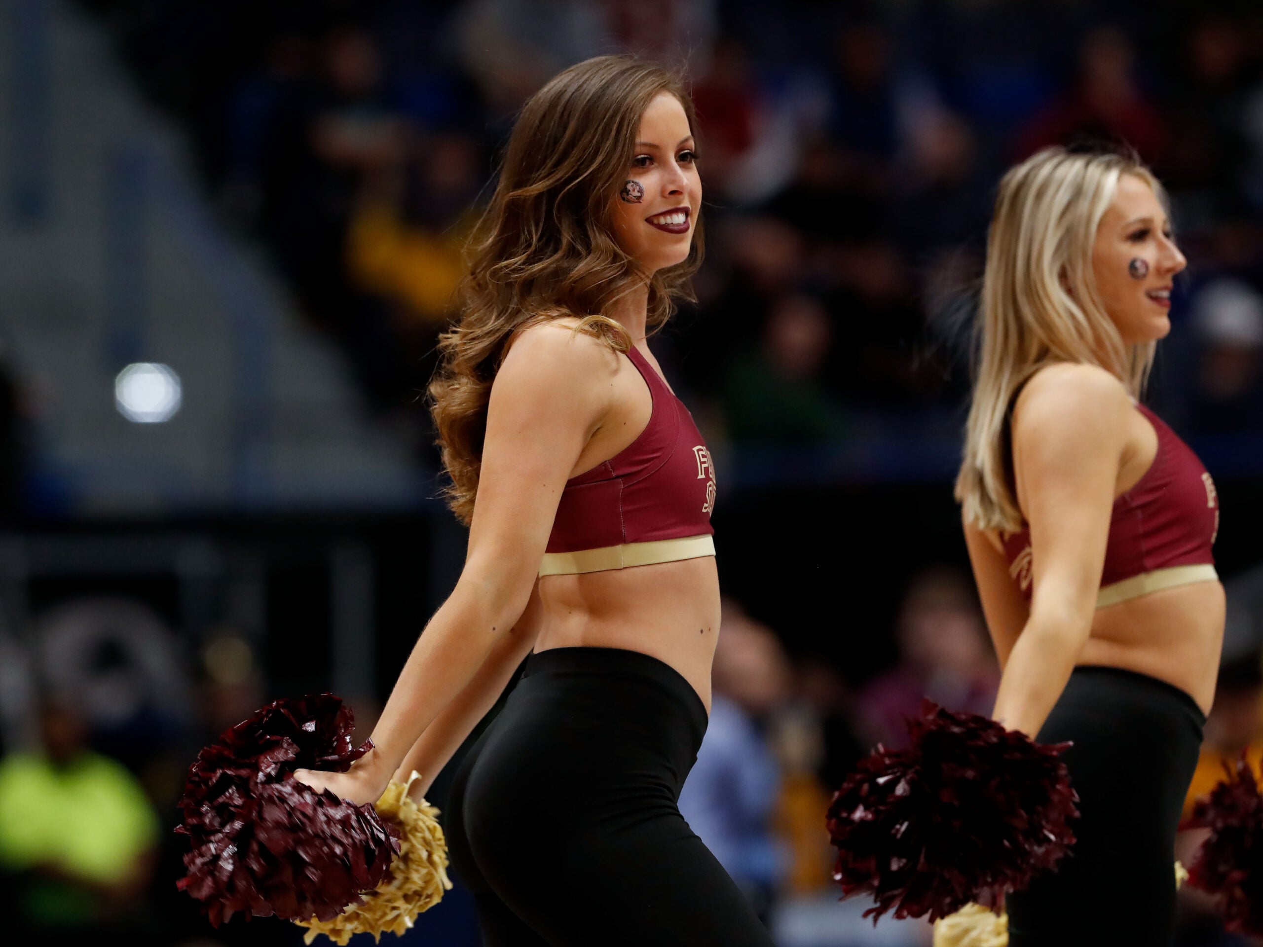 Mar 23, 2019; Hartford, CT, USA; Florida State Seminoles cheerleaders perform during the first half of a game against the Murray State Racers in the second round of the 2019 NCAA Tournament at XL Center. Mandatory Credit: David Butler II-Imagn Images