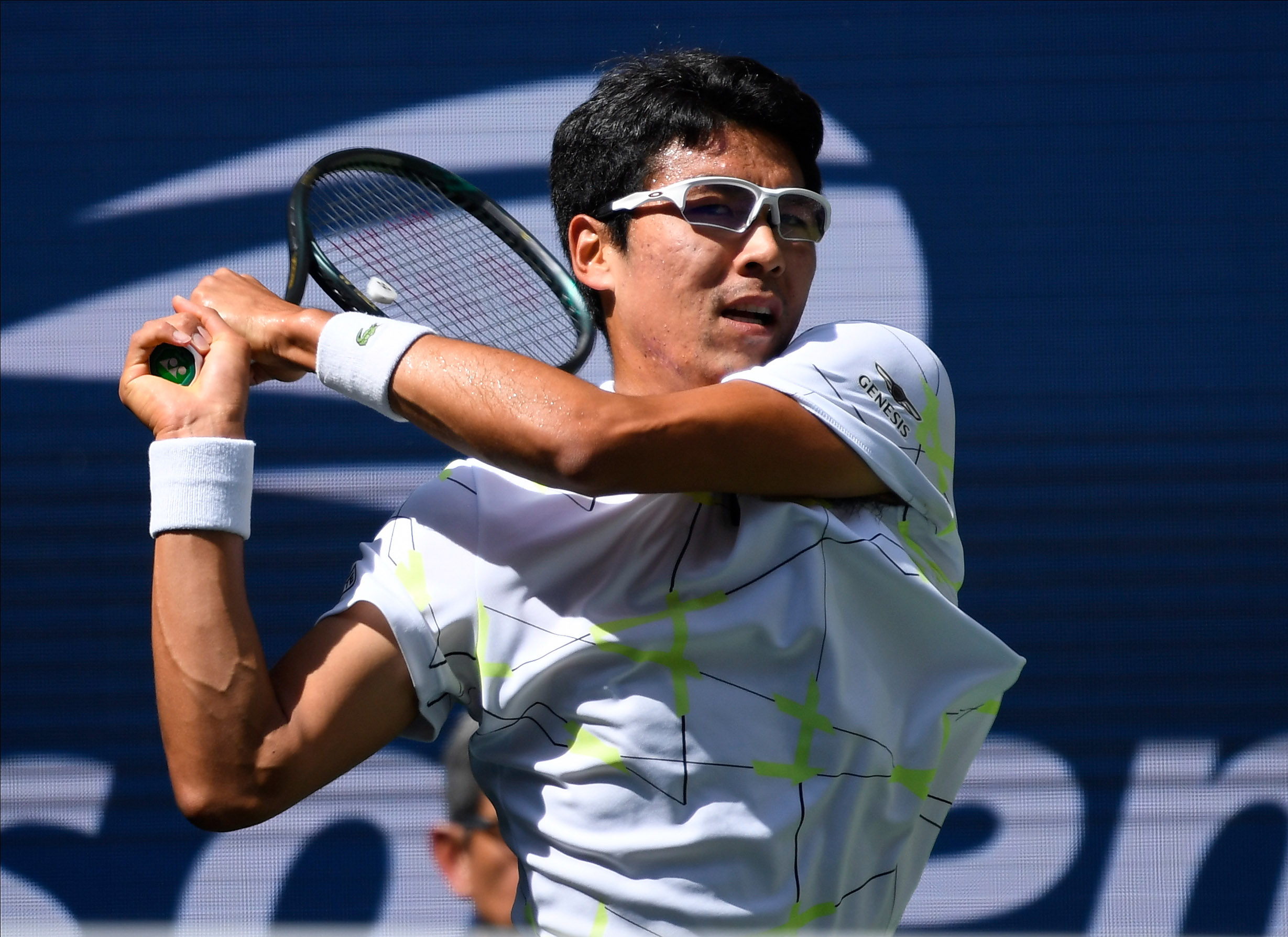 Aug 31, 2019; Flushing, NY, USA;  Hyeon Chung of Korea hits to Rafael Nadal of Spain in the third round on day six of the 2019 U.S. Open tennis tournament at USTA Billie Jean King National Tennis Center. Mandatory Credit: Robert Deutsch-Imagn Images