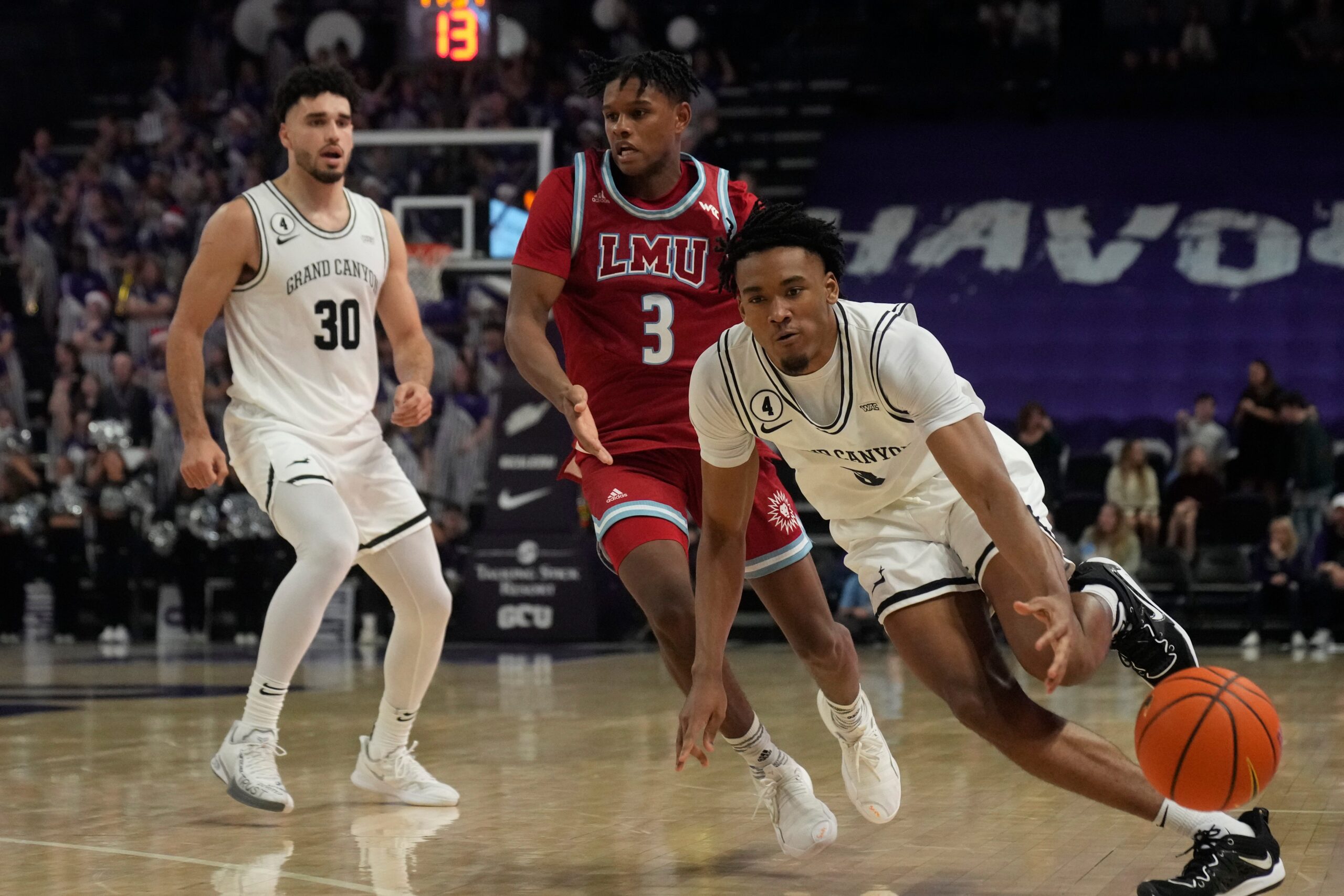Dec 7, 2022; phoenix, Ariz., U.S.;  Grand Canyon Antelopes guard Kobe Knox (3) loses the ball during a men  s basketball game against the Loyola Marymount Lions at Grand Canyon University Arena. Mandatory Credit: Cheryl Evans-Arizona Republic

Ncaa Basketball Gcu Basketball Loyola Marymount At Grand Canyon