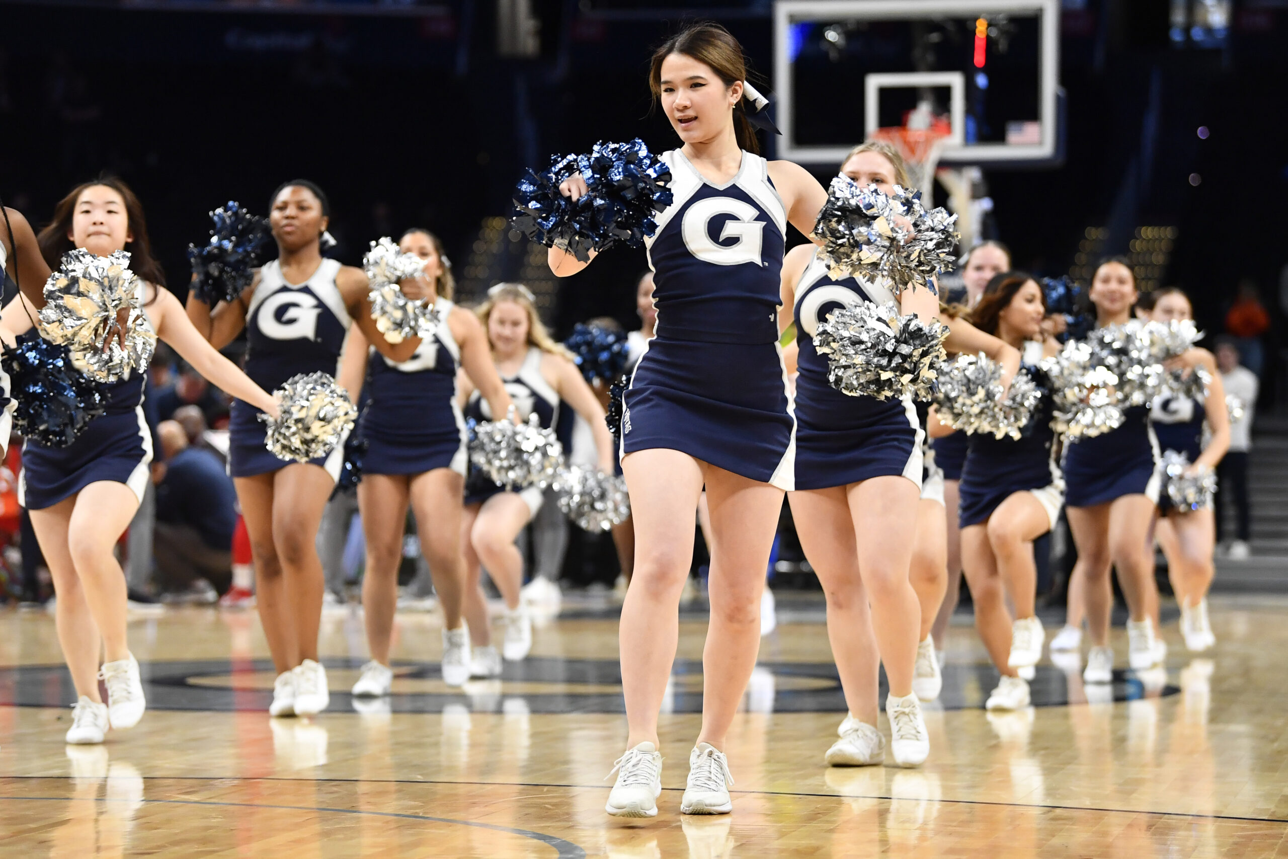Feb 22, 2023; Washington, District of Columbia, USA; Georgetown Hoyas cheerleaders perform during the second half at Capital One Arena. Mandatory Credit: Brad Mills-Imagn Images