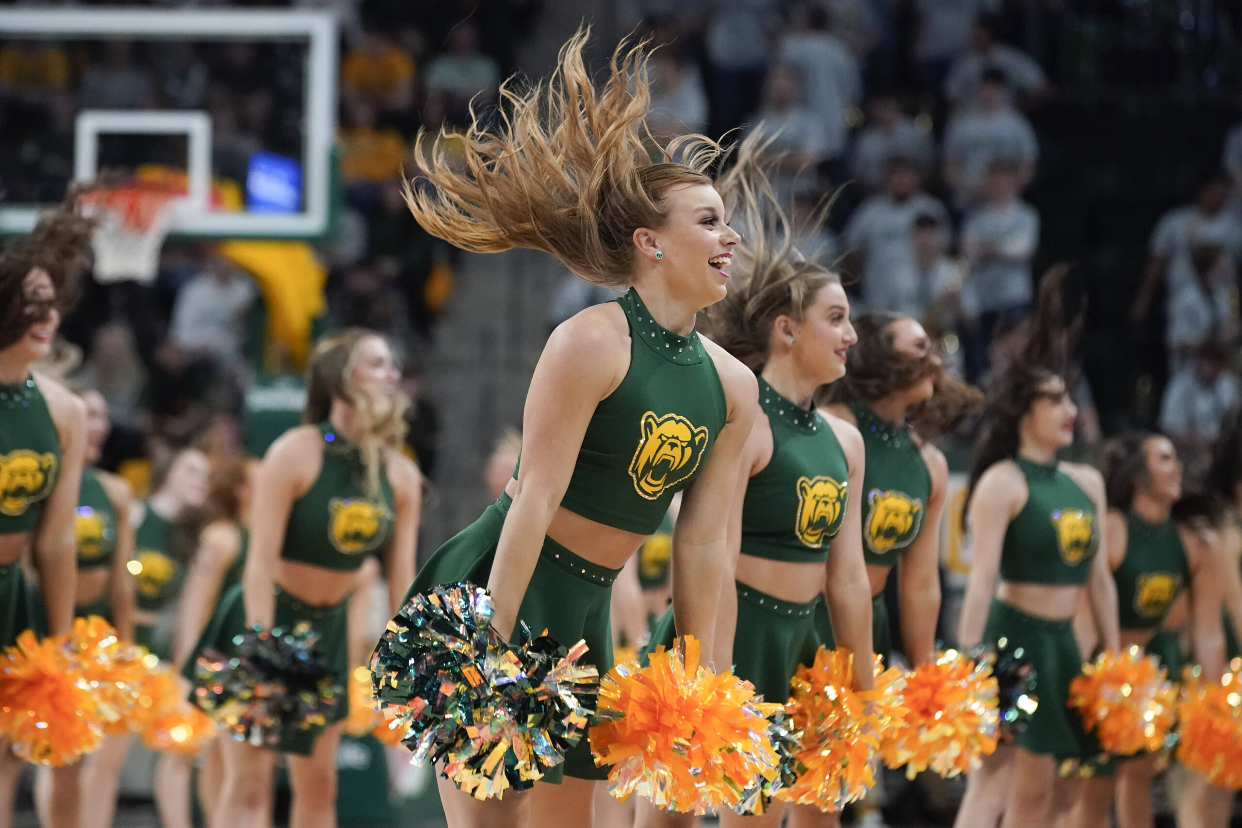 Jan 27, 2024; Waco, Texas, USA; The Baylor Bear cheerleaders perform during the first half at Paul and Alejandra Foster Pavilion. Mandatory Credit: Raymond Carlin III-Imagn Images