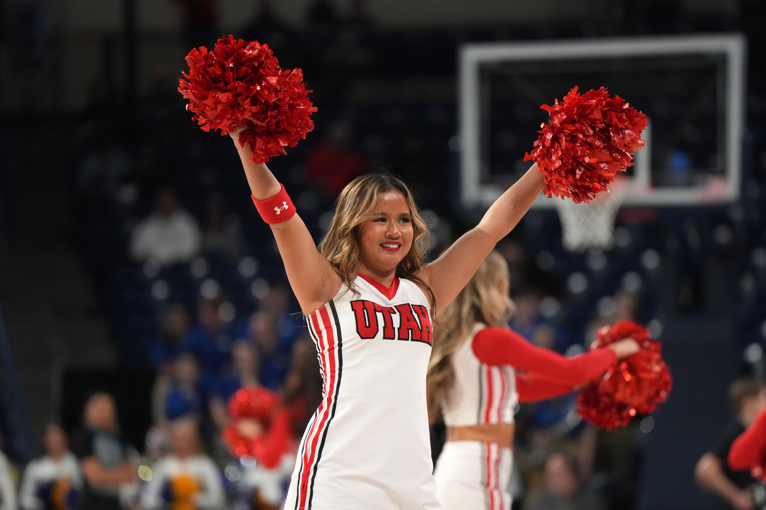 Mar 23, 2024; Spokane, WA, USA; Utah Utes cheerleaders perform during the second half against the South Dakota State Jackrabbits at McCarthey Athletic Center. Mandatory Credit: Kirby Lee-Imagn Images