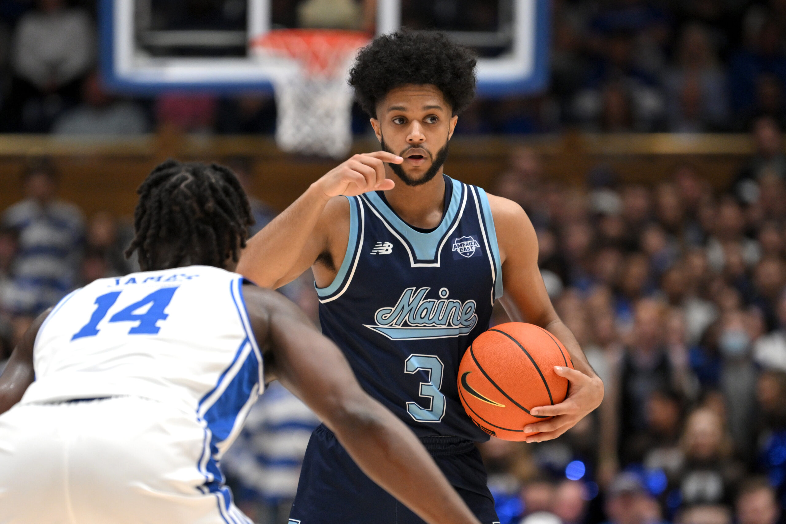 Nov 4, 2024; Durham, North Carolina, USA;  Maine Black Bears guard Jaden Clayton (3) calls a play during the first half against the Duke Blue Devils at Cameron Indoor Stadium. Mandatory Credit: Zachary Taft-Imagn Images