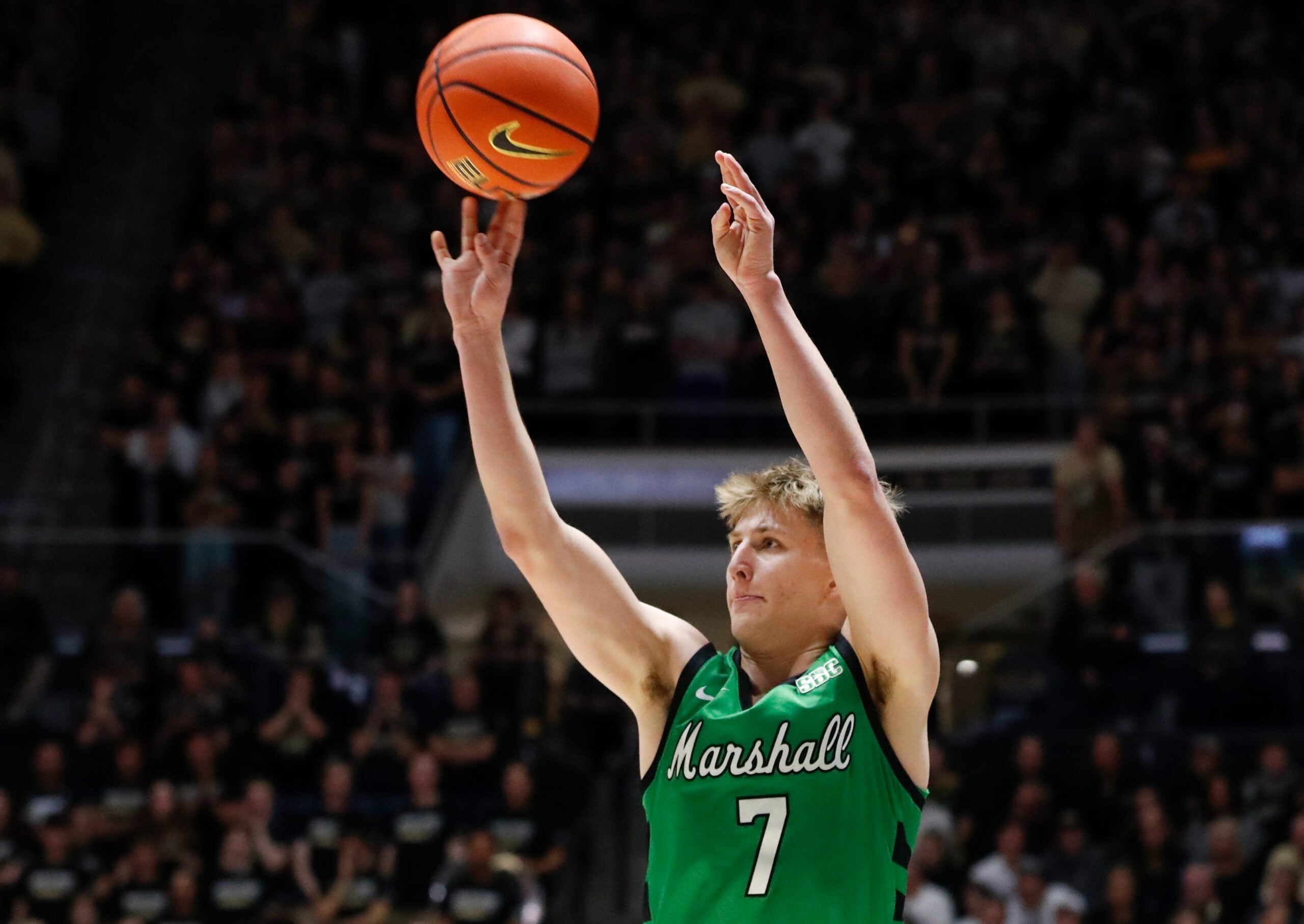 Marshall Thundering Herd guard Ryan Nutter (7) shoots the ball Saturday, Nov. 23, 2024, during the NCAA men’s basketball game against the Purdue Boilermakers at Mackey Arena in West Lafayette, Ind.