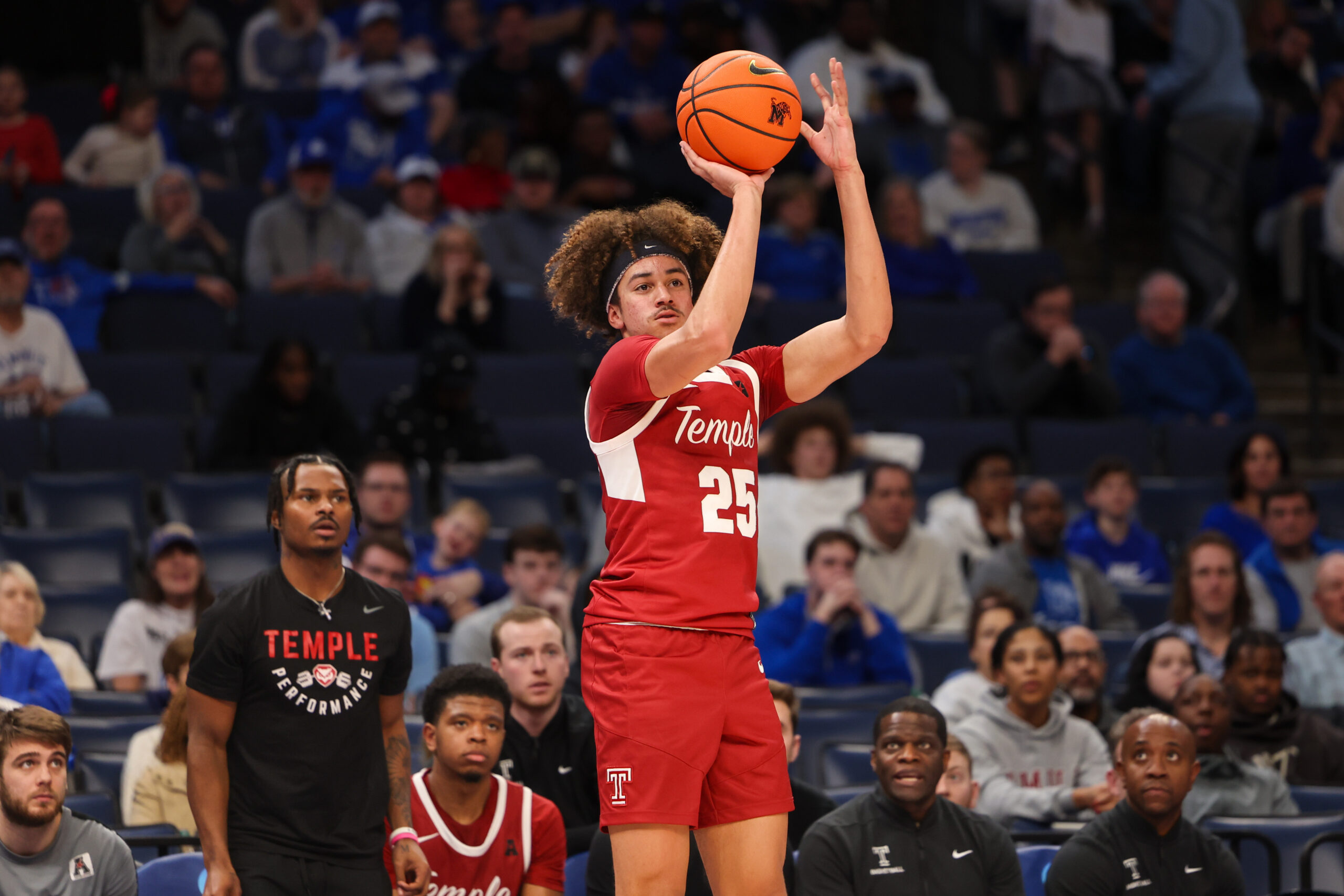 Feb 9, 2025; Memphis, Tennessee, USA; Temple Owls guard Aiden Tobiason (25) shoots the ball against the Memphis Tigers during the second half at FedExForum. Mandatory Credit: Wesley Hale-Imagn Images