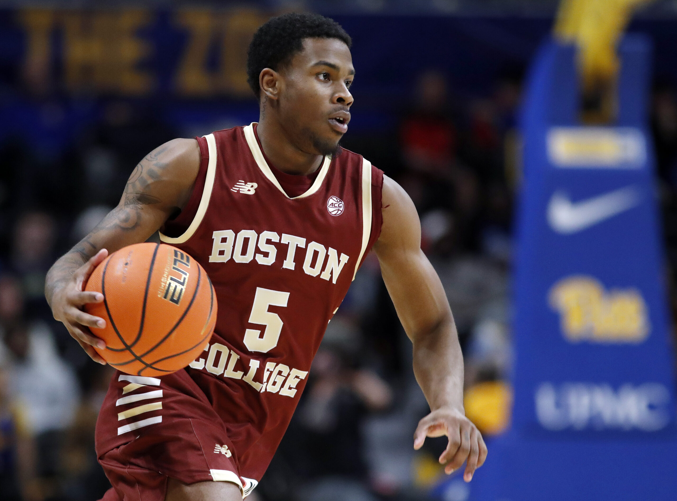 Mar 8, 2025; Pittsburgh, Pennsylvania, USA;  Boston College Eagles guard Fred Payne (5) dribbles the ball against the Pittsburgh Panthers during the second half at the Petersen Events Center. Mandatory Credit: Charles LeClaire-Imagn Images