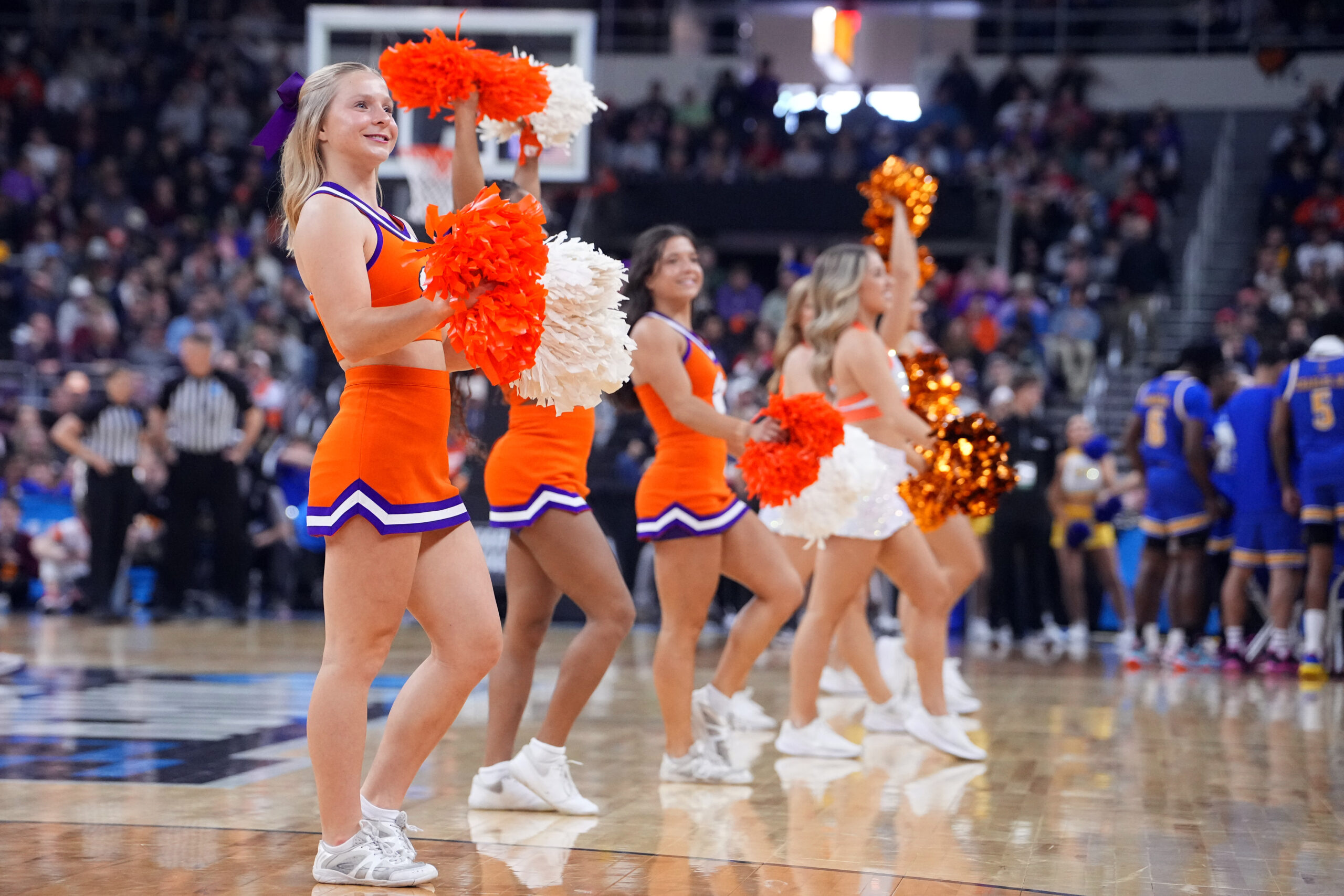 Mar 20, 2025; Providence, RI, USA; Clemson Tigers cheerleaders perform during the first half against the McNeese State Cowboys at Amica Mutual Pavilion. Mandatory Credit: Gregory Fisher-Imagn Images