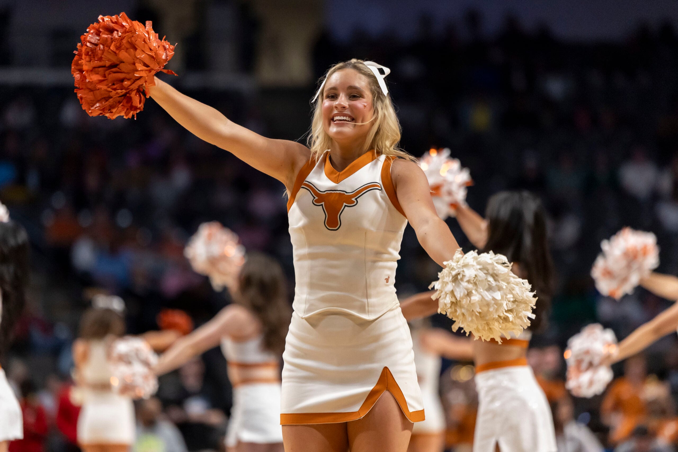 Mar 31, 2025; Birmingham, AL, USA; The Texas Longhorns cheerleaders perform during the second half of an Elite 8 NCAA Tournament basketball game against the TCU Horned Frogs at Legacy Arena. Mandatory Credit: Vasha Hunt-Imagn Images