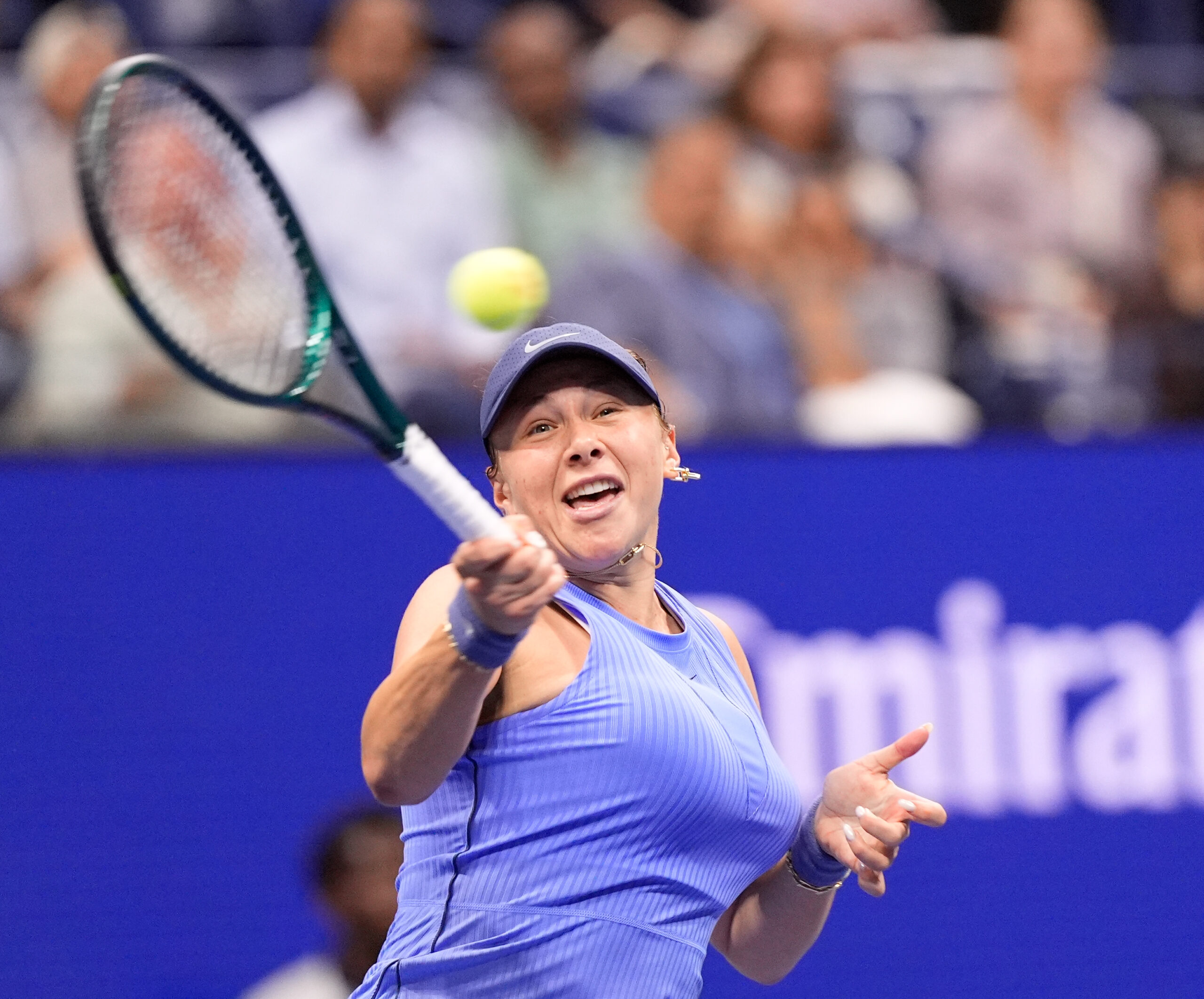 Sep 4, 2025; Flushing, NY, USA;  Amanda Anisimova (USA) hits to Naomi Osaka (JPN) (not pictured) on day twelve of the 2025 U.S. Open tennis tournament at the USTA Billie Jean King National Tennis Center. Mandatory Credit: Robert Deutsch-Imagn Images