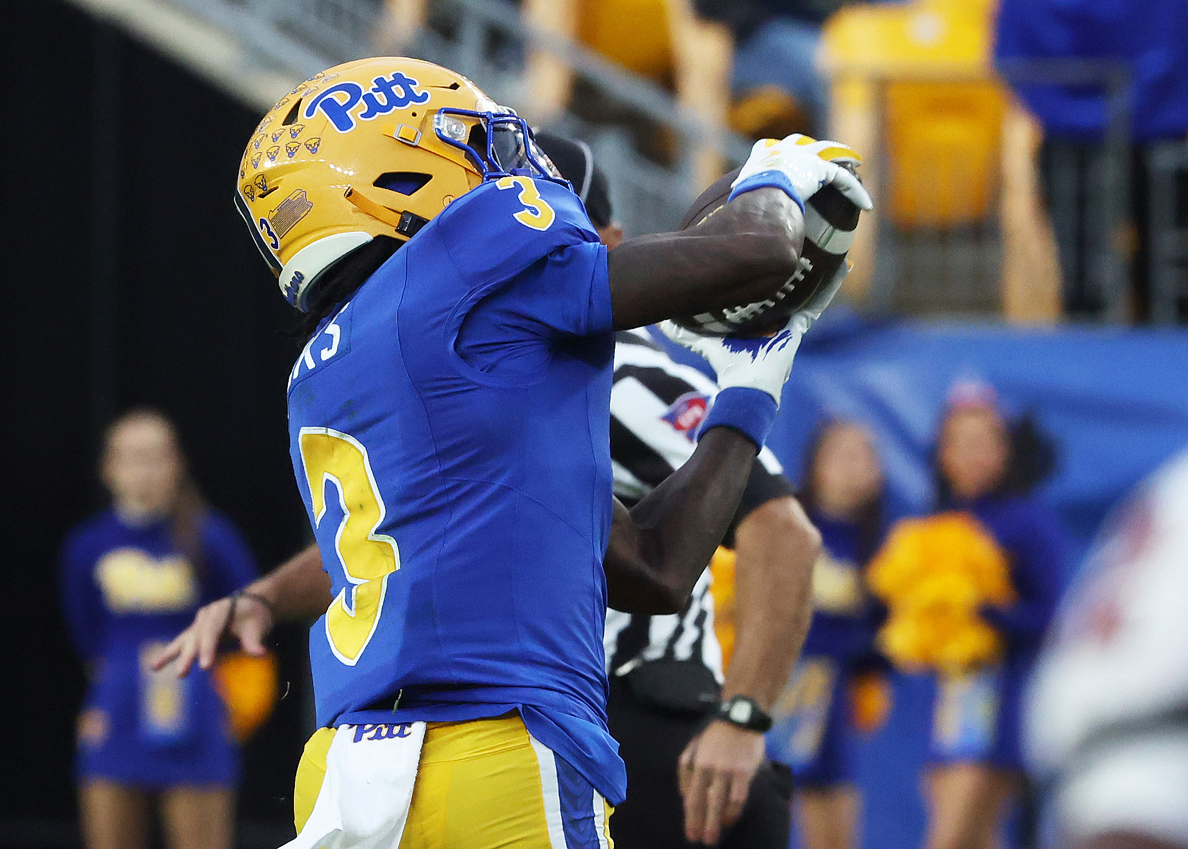 Oct 25, 2025; Pittsburgh, Pennsylvania, USA;  Pittsburgh Panthers wide receiver Cataurus Hicks (3) catches a pass and runs for a touchdown against the North Carolina State Wolfpack during the third quarter at Acrisure Stadium. Mandatory Credit: Charles LeClaire-Imagn Images