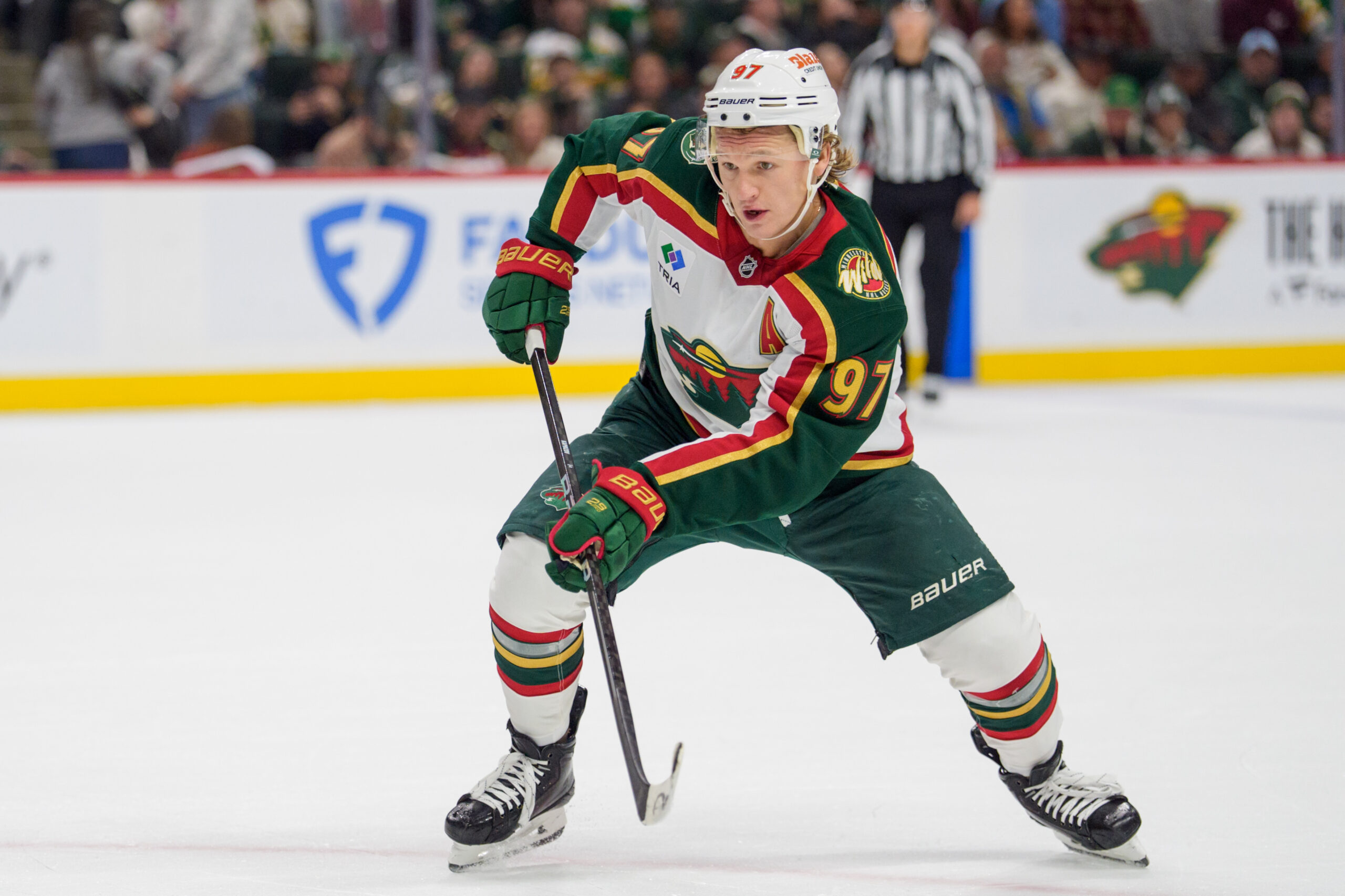 Oct 28, 2025; Saint Paul, Minnesota, USA; Minnesota Wild left wing Kirill Kaprizov (97) in action against the Winnipeg Jets in the second period at Grand Casino Arena. Mandatory Credit: Matt Blewett-Imagn Images