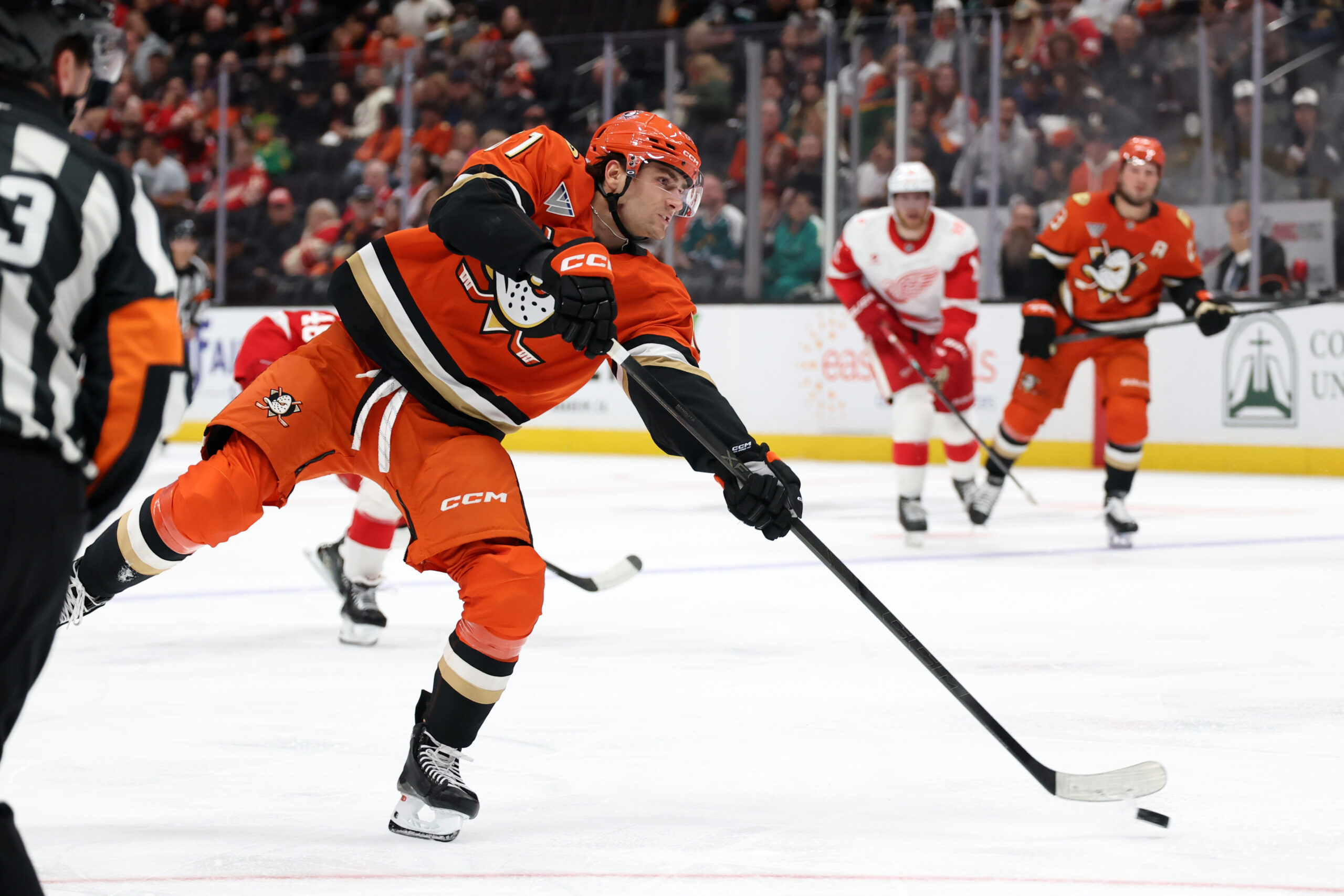 Oct 31, 2025; Anaheim, California, USA;  Anaheim Ducks left wing Cutter Gauthier (61) shoots the puck during the second period against the Detroit Red Wings at Honda Center. Mandatory Credit: Kiyoshi Mio-Imagn Images