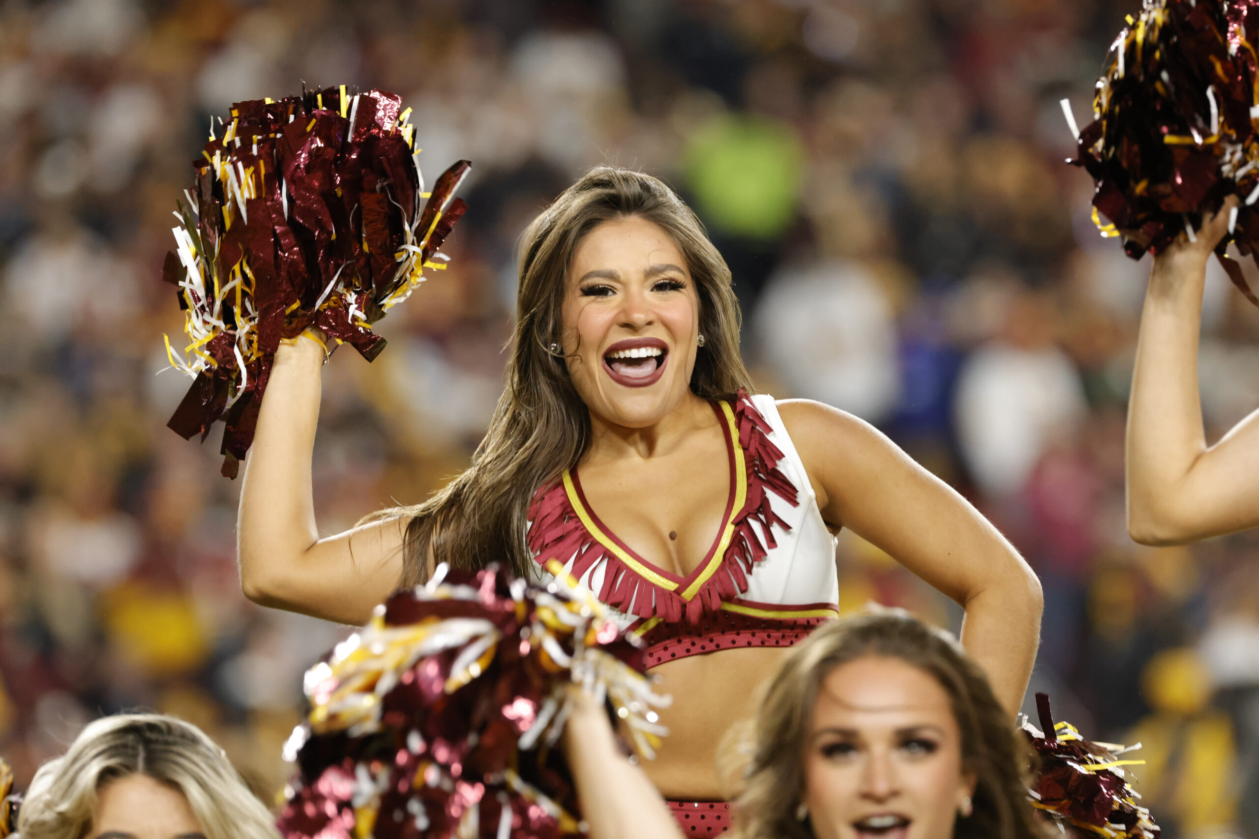 Nov 2, 2025; Landover, Maryland, USA; Washington Commanders cheerleaders perform during the first half against the Seattle Seahawks at Northwest Stadium. Mandatory Credit: Amber Searls-Imagn Images