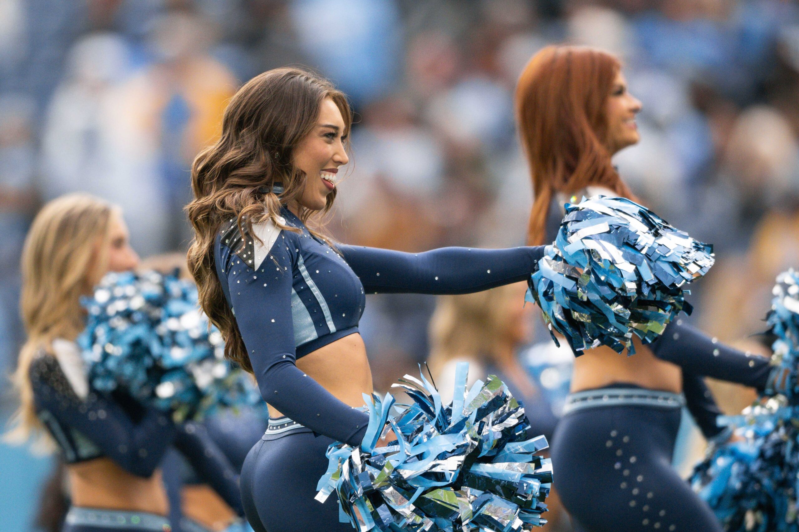 Nov 2, 2025; Nashville, Tennessee, USA;  Tennessee Titans cheerleaders against the Los Angeles Chargers during the first half at Nissan Stadium. Mandatory Credit: Steve Roberts-Imagn Images