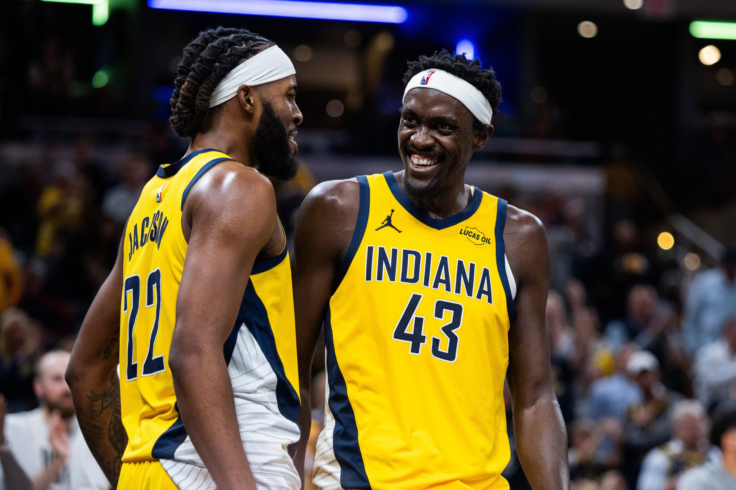 Nov 3, 2025; Indianapolis, Indiana, USA; Indiana Pacers forward Isaiah Jackson (22) celebrates a basket with  forward Pascal Siakam (43) in the first half against the Milwaukee Bucks at Gainbridge Fieldhouse. Mandatory Credit: Trevor Ruszkowski-Imagn Images