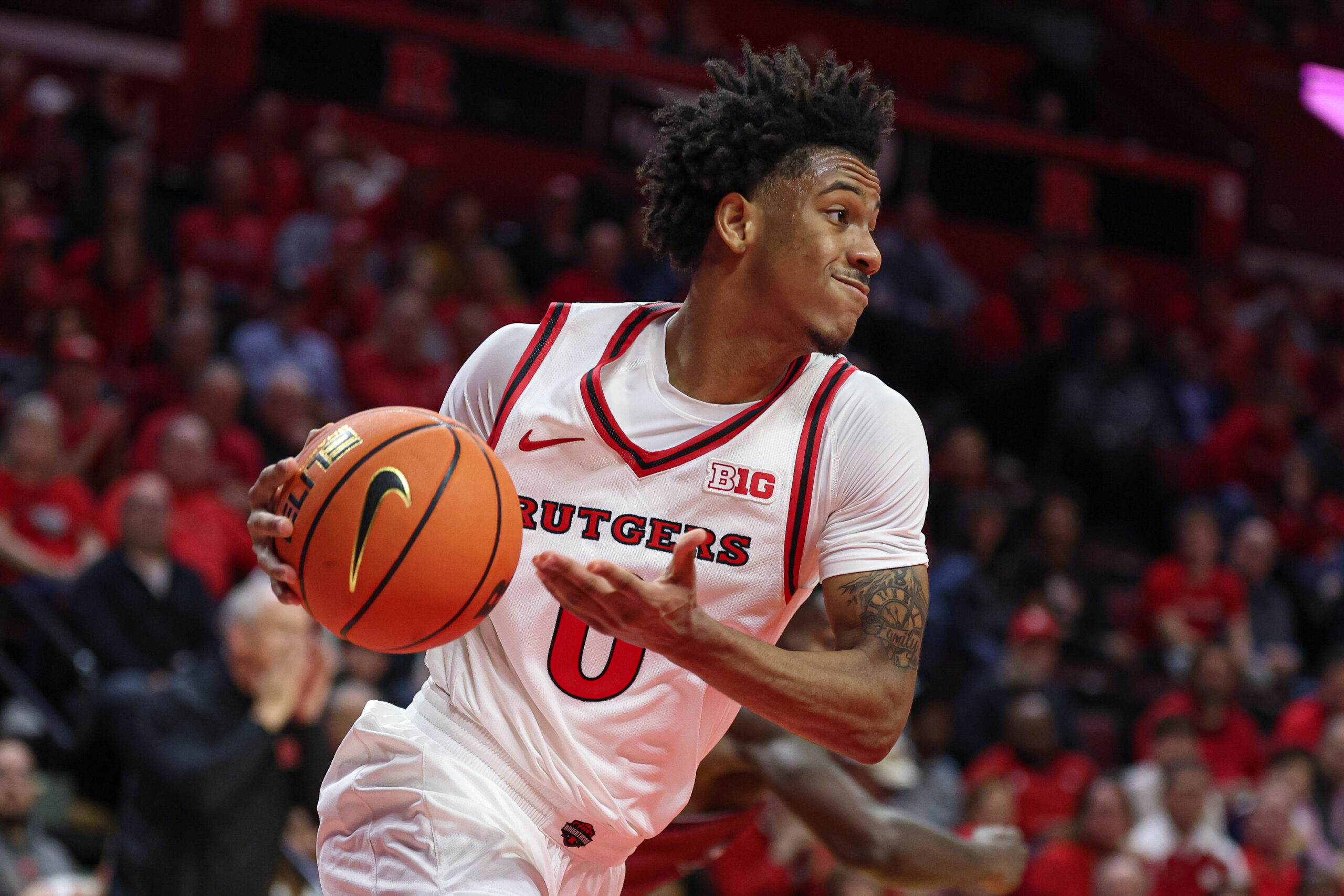 Nov 5, 2025; Piscataway, New Jersey, USA; Rutgers Scarlet Knights guard Tariq Francis (0) dribbles during the first half against the Rider Broncs at Jersey Mike's Arena. Mandatory Credit: Vincent Carchietta-Imagn Images