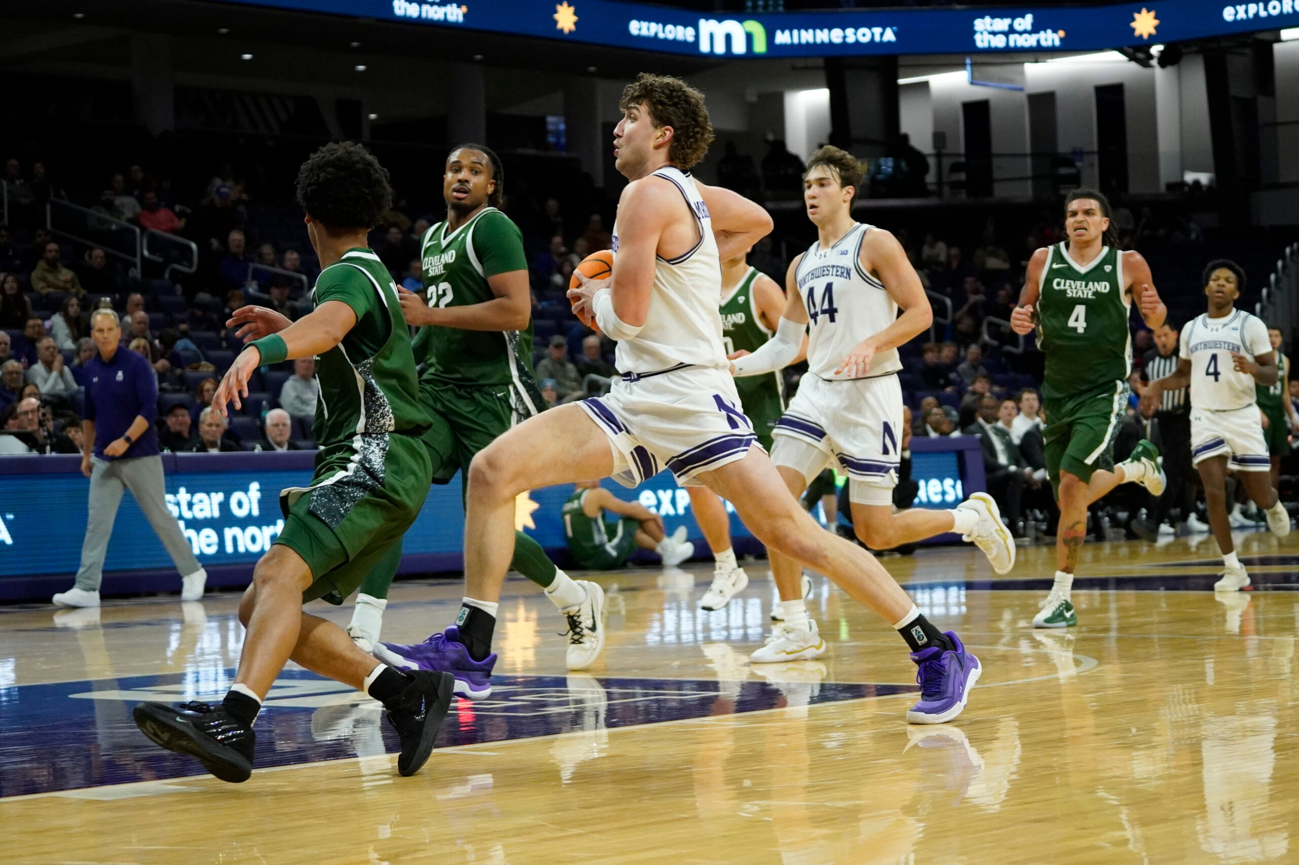 Nov 10, 2025; Evanston, Illinois, USA; Northwestern Wildcats forward Nick Martinelli (2) drives to the basket against the Cleveland State Vikings during the second half at Welsh-Ryan Arena. Mandatory Credit: David Banks-Imagn Images